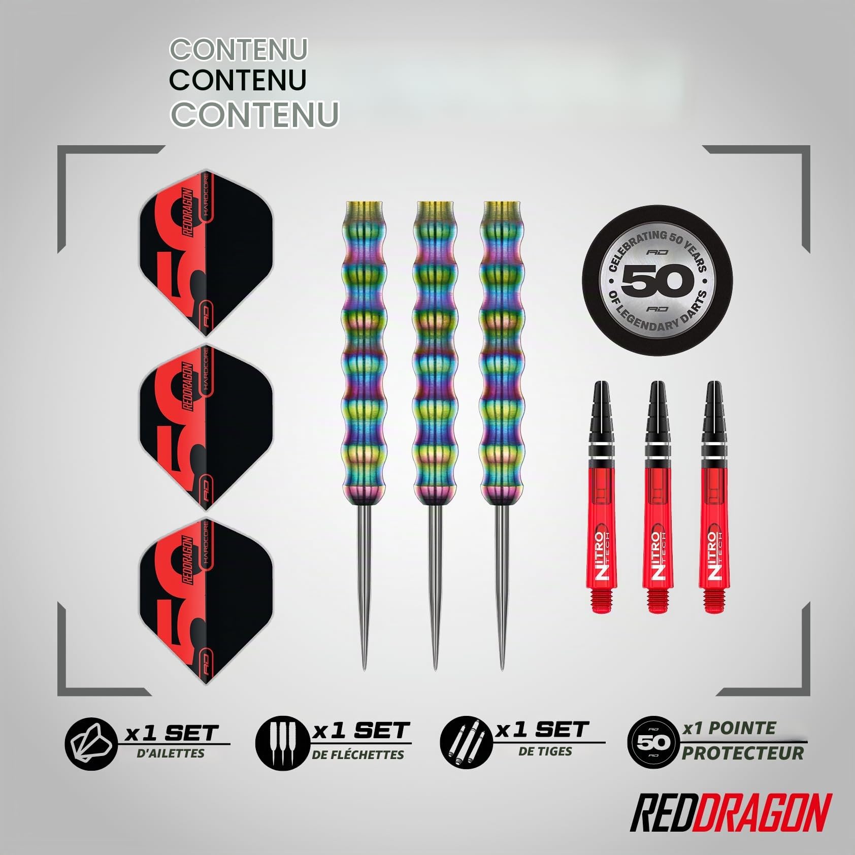 RED DRAGON Darts - Collection Classiques 50 Ans - Shockwaves 26g - 90% tungstène - Set Professionnel fléchettes Acier - Comprend Flights et Manches (shafts).