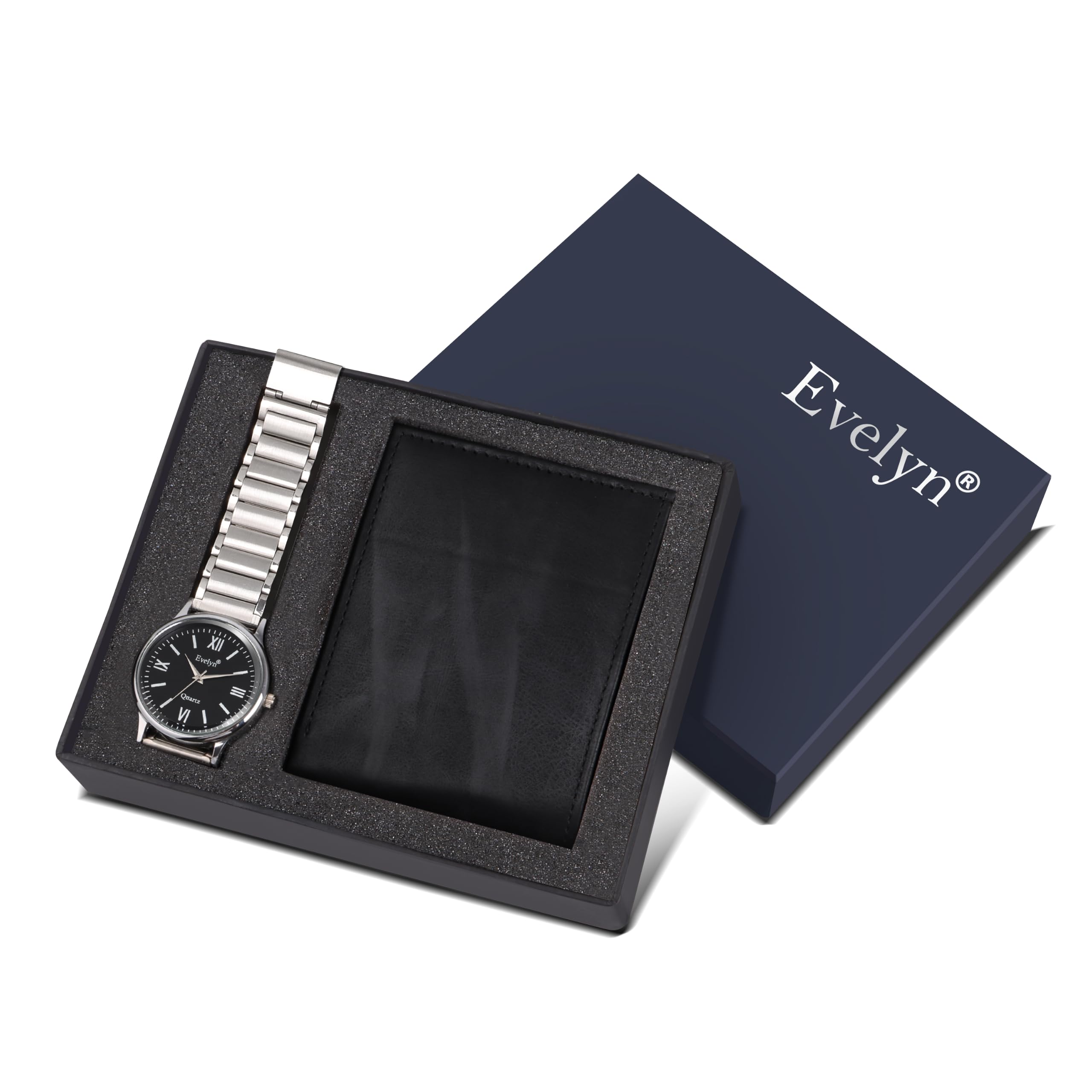 evelyn Men's Watch and Wallet Gift Set, Silver and Black-picture-0