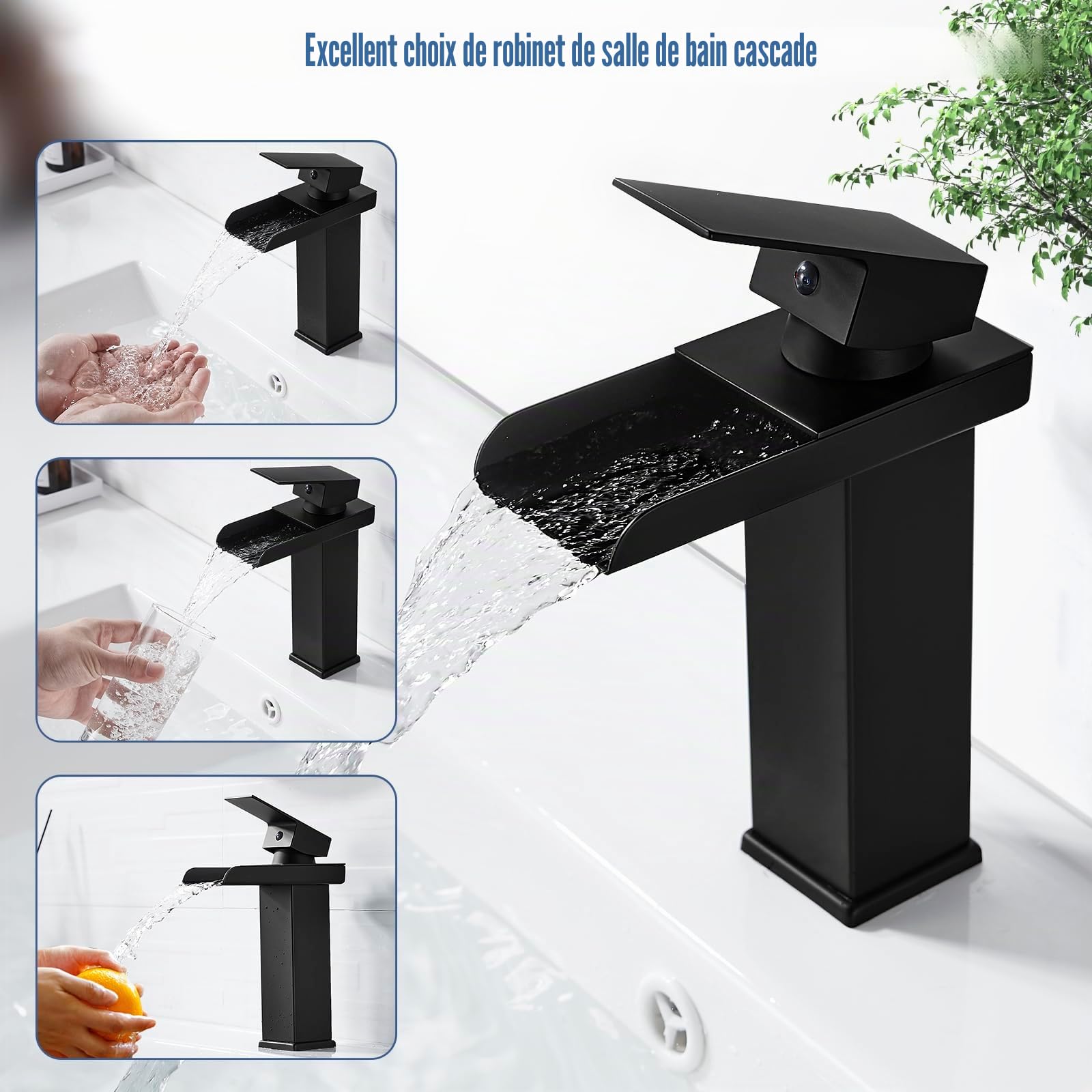 Robinet Salle de Bain Cascade Noir, Mitigeur Lavabo Cascade, Robinet Lavabo avec Bec Hauteur 140mm, Mitigeur Salle de Bain en Laiton, Robinetterie Eau Chaude et Froide Disponible, G 3/8