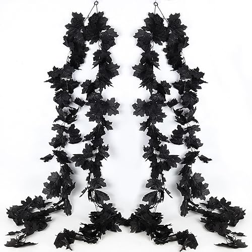 Miniatura 10 de RECUTMS Guirnalda de hojas negras, 2 unidades, 5.7 pies, Halloween, otoño, artificial, colgante, decoración de vid de otoño, arce para el hogar
