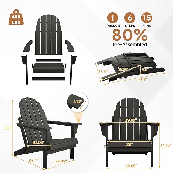 Mdeam Folding Adirondack Chair, Weather Resistant HDPE Garden Chair, Black