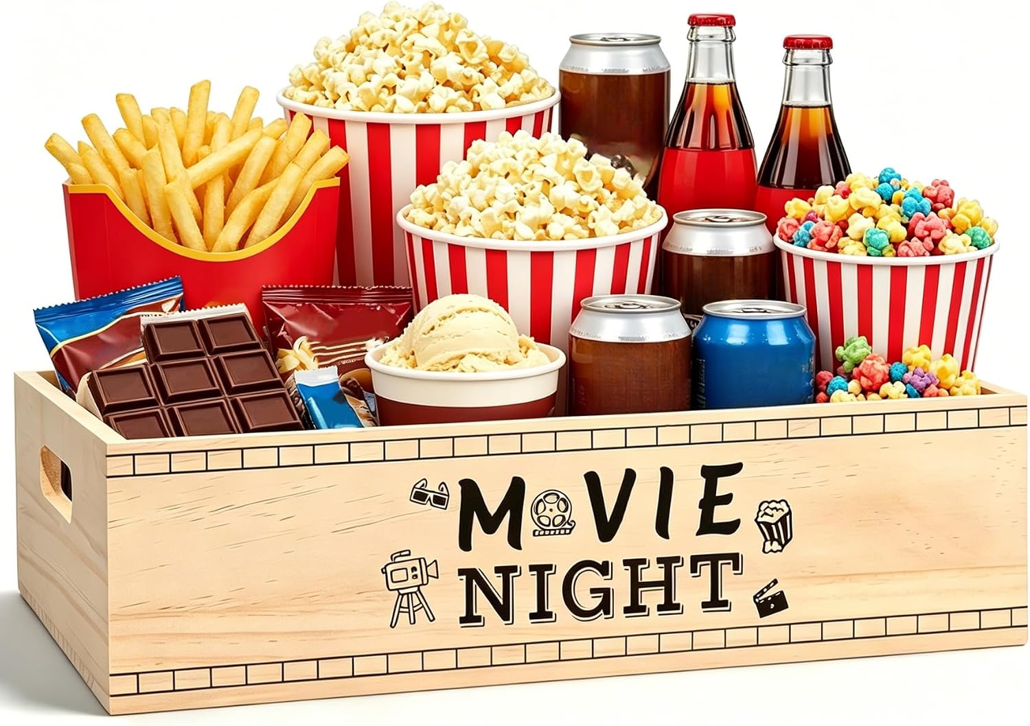 Wooden Movie Night Snack Tray with Handles 13×10×3.6 inch, Reusable Popcorn Bucket Bowl Box Organizer for Theater Room Decor, Gift Basket for Family Movie Night and Holiday Parties