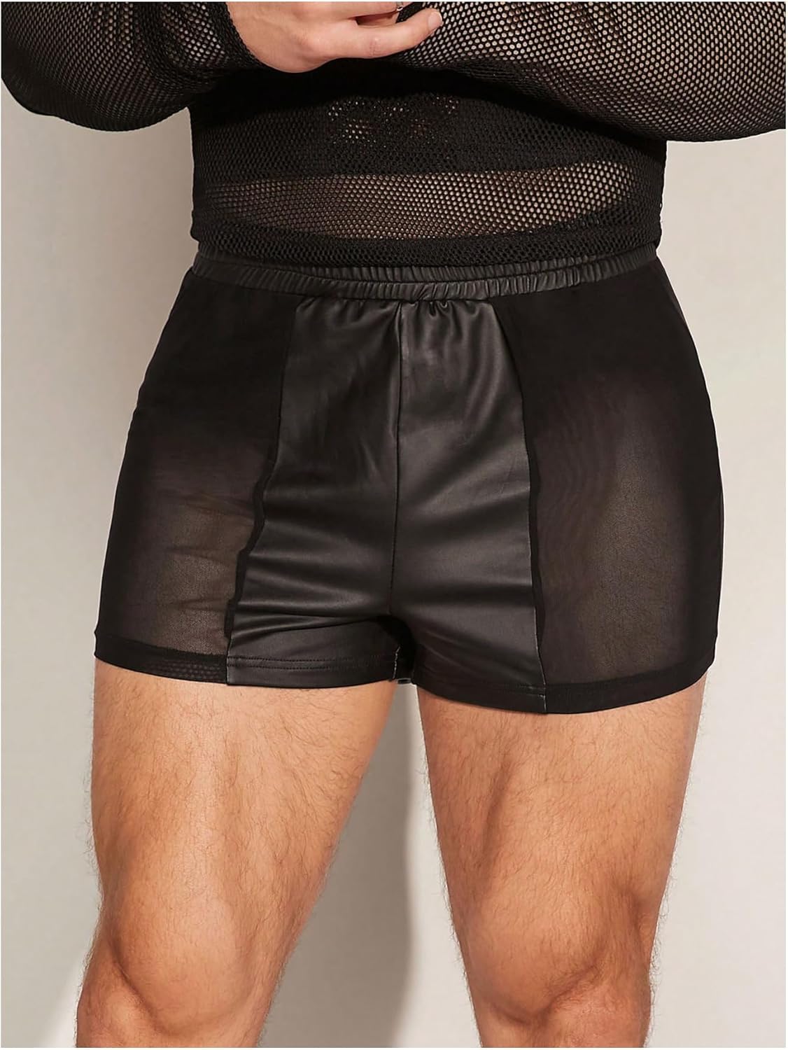 WDIRARA Men's Mesh Sheer Faux Leather Elastic Waist Skinny Shorts Party Club Rave Shorts - Image 2