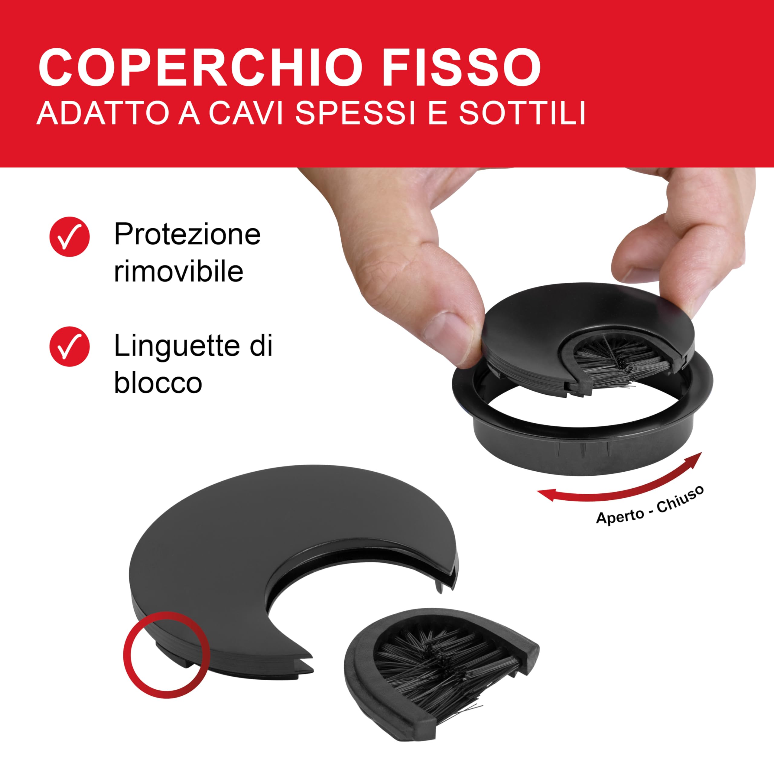 LouMaxx Guidacavi Ø 60 mm – Set di 2 pezzi in metallo nero – passacavi con guarnizione antipolvere – per una maggiore organizzazione