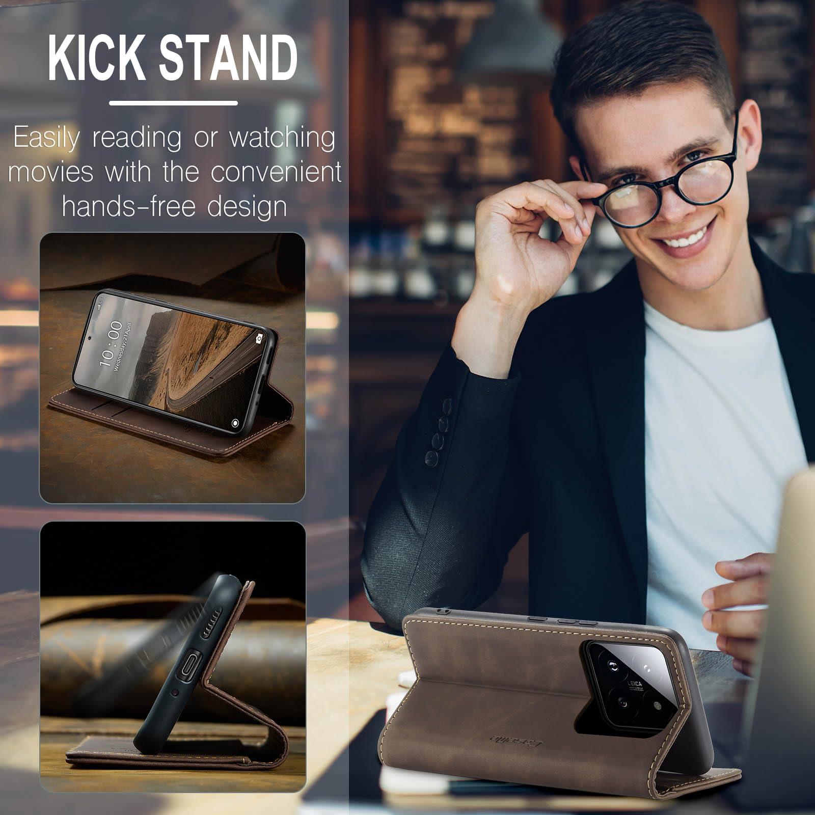 UFinetech for Xiaomi 14 Case, Leather Wallet Case for Xiaomi 14, Slim Shockproof, Magnetic Closure Flip, Kickstand - Image 4