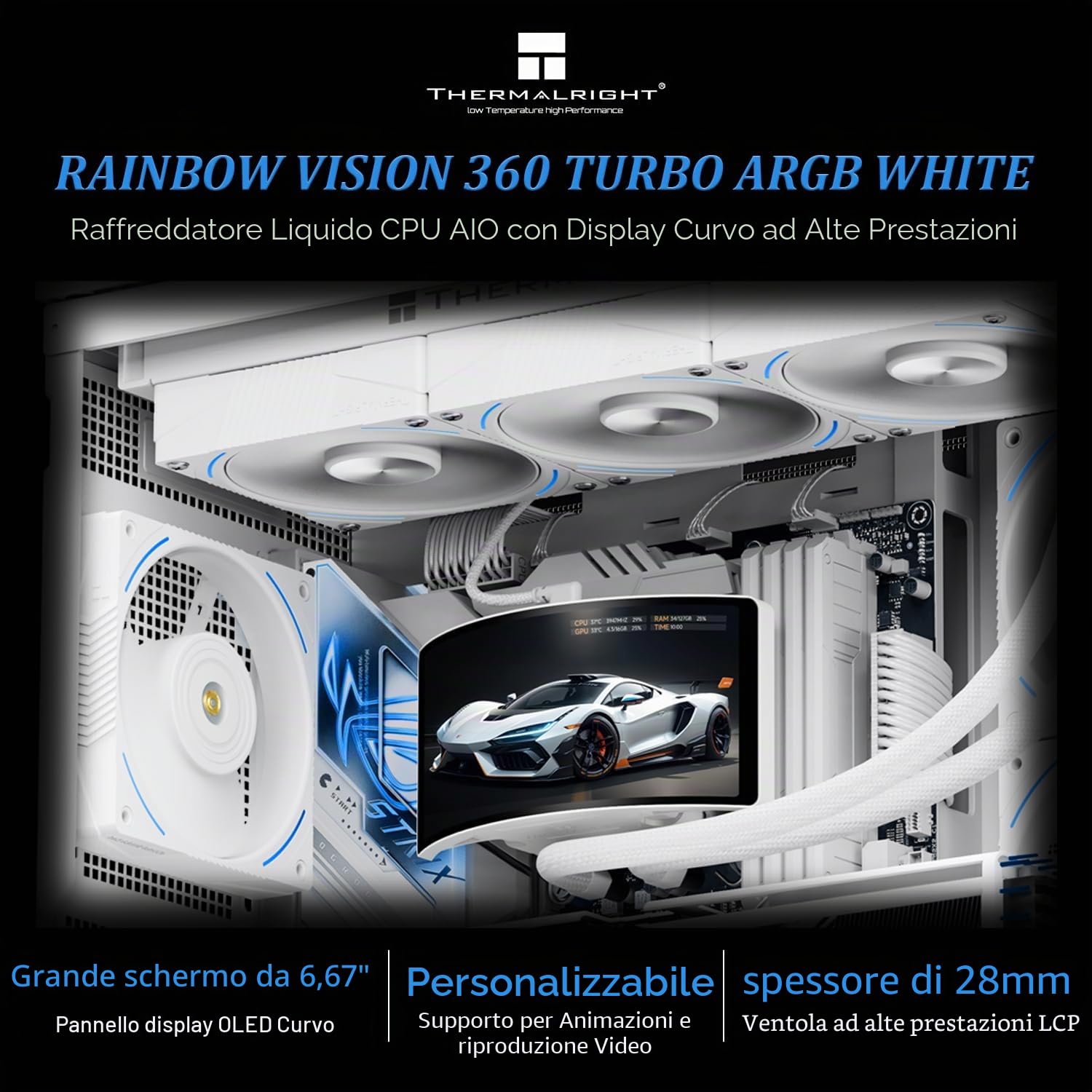 Thermalright Rainbow Vision 360 Turbo ARGB - Ventola di raffreddamento a liquido per CPU AM5 / Intel LGA1851 / 1700, schermo curvo da 6,67 pollici, ventosa magnetica, risoluzione 2400 x 1080