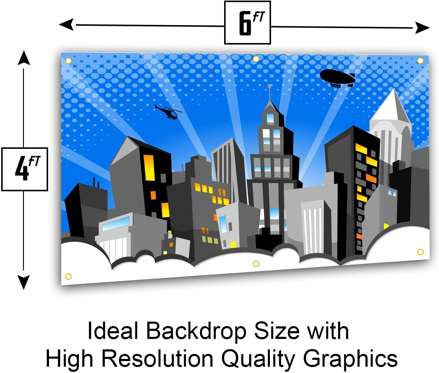 Bigtime Signs XL Superhero Backdrop with 6 Comic Action Word Photo Booth Props - Compliments Any Superhero Party Decorations - 4 x 6 ft - Cityscape Superhero Birthday Decorations Hangs on Wall Easily