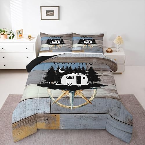 Erosebridal Juego de edredón para caravana tamaño King, juego de ropa de cama de campamento para cámper, edredón de plumón de brújula para niños y