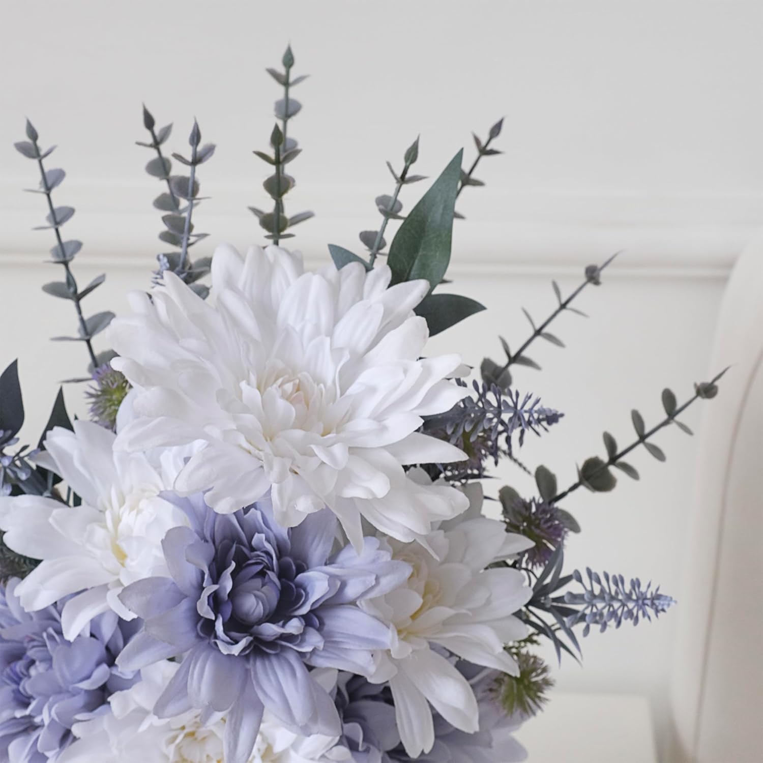 Artificial Dahlia Flower Arrangement with Gray Ceramic Vase, 15” Faux Floral Centerpiece with White & Dusty Blue Dahlias, Eucalyptus Greenery for Home, Office, Table Décor