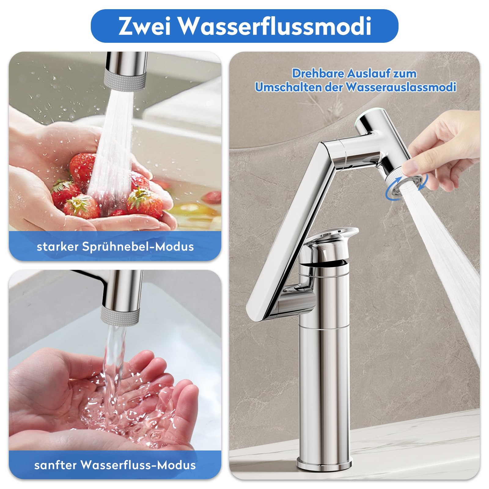 JONKEAN Chrom Wasserhahn Bad mit Temperaturanzeige(Batterielos) | 1080° Drehbar Mischbatterie Waschbecken, Moderne Armatur Badezimmer, Warm/Kaltwasser, Einfache Montage für Badezimmer, RV