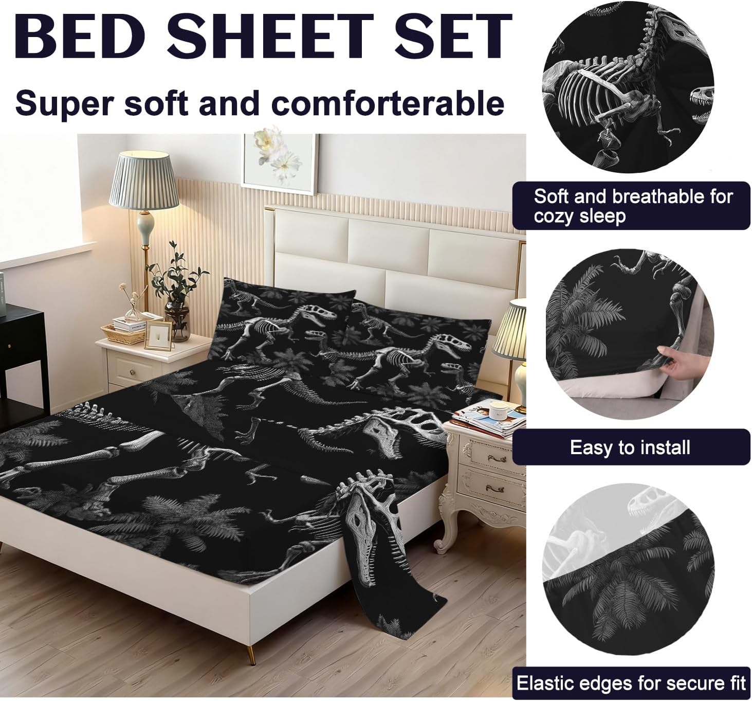 Dinosaur Fitted Sheet Queen Size Dino 14 inches Deep Pocket Bed Sheet Set for Boys Girls Kids Teens Soft and Breathable Black and White Bedding Set,1 Fitted Sheet& 1 Flat Sheet& 2 Pillowcases