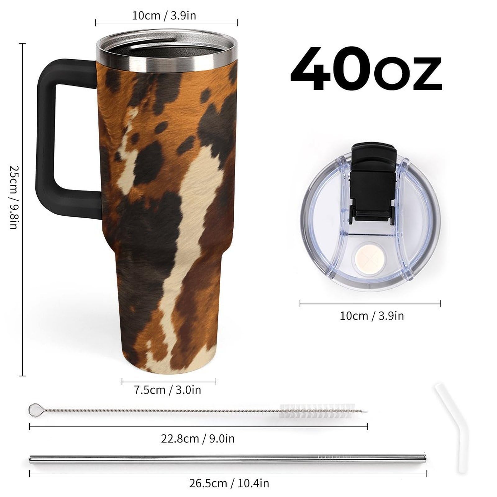 Autobecher aus 304 Edelstahl, abstraktes Kuhhaut-Becher mit Strohhalm und auslaufsicherem Deckel, großes Fassungsvermögen, vakuumisolierter Reisebecher für Auto-Becherhalter, 1,2 l