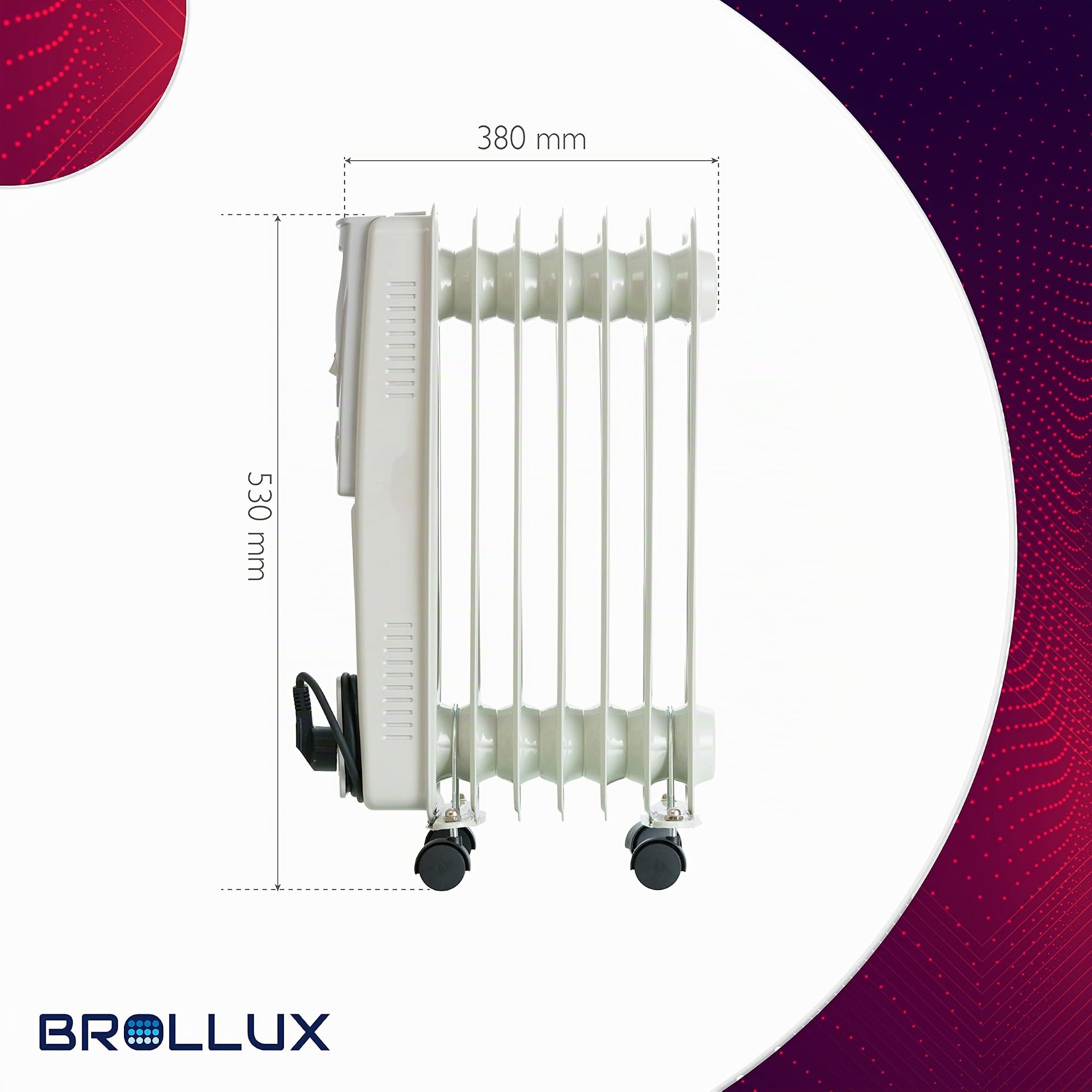 BROLLUX Riscaldatore ad olio elettrico 1500 W, radiatore ad olio, riscaldamento elettrico, 7 lamelle