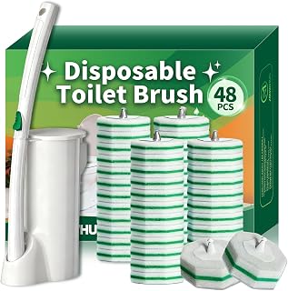 Disposable Toilet Brush, Toilet Bowl Cleaning System with 48 Count Wand Refills, Clean Brush Starter Kit with 1 Wand, 1 Storage Caddy and 1 wall Sticker (White)