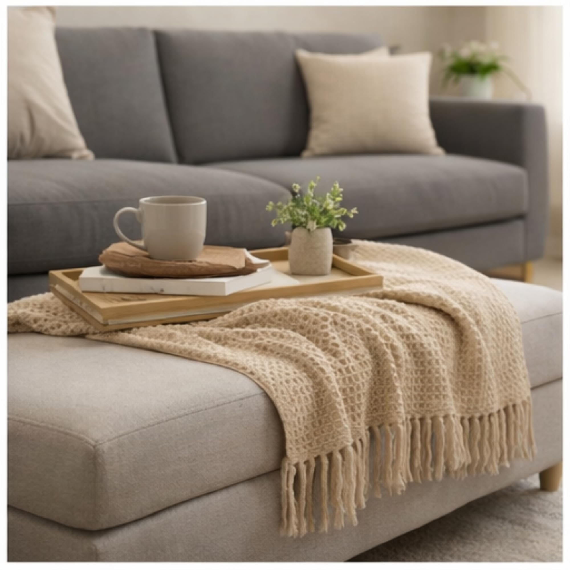 Tarantaran Premium Knitted Throw Blanket, Soft Woven Couch Throw with Tassels, Decorative Lightweight Sofa Blanket, Beige-picture-15