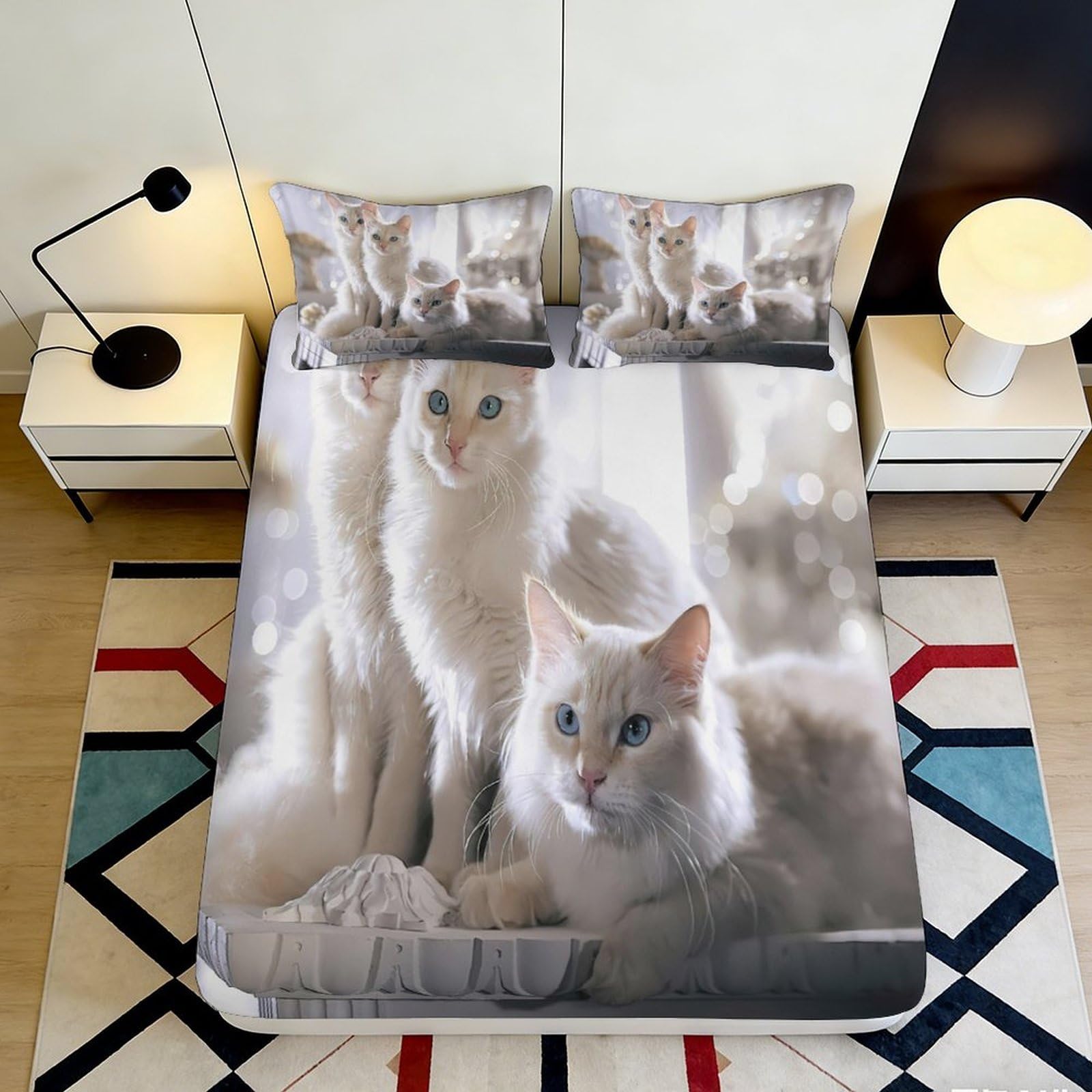 3D Printed White Cat Fitted Sheet Microfiber Bedroom Decor Cute Animal Bed Cover for Adult Teen Dorm Guest Room 90x200x25cm