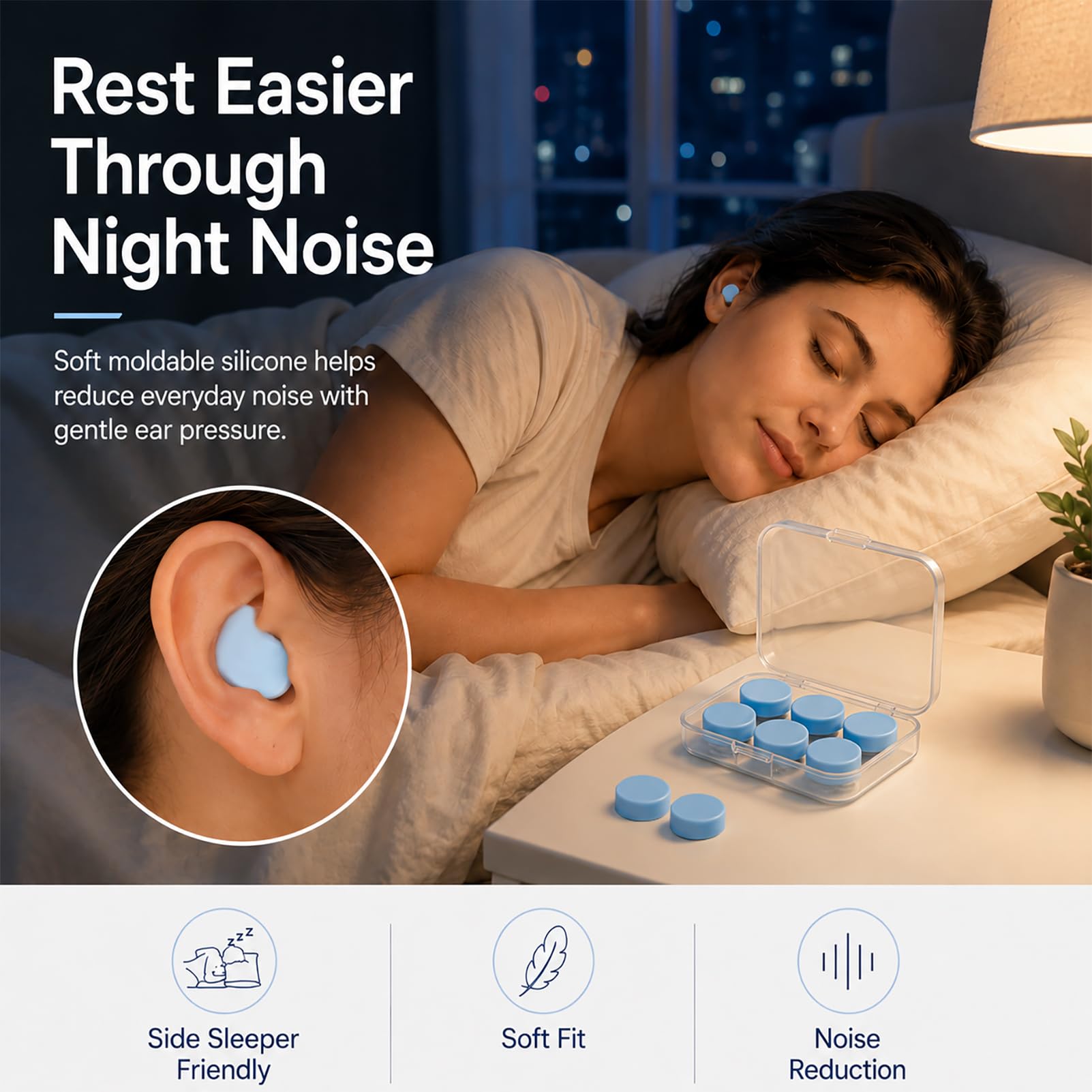 Moldable Silicone Ear Plugs for Sleeping, Soft Reusable Noise Reduction Earplugs for Snoring, Side Sleepers, Small Ears, Swimming and Travel — Amazon image 2