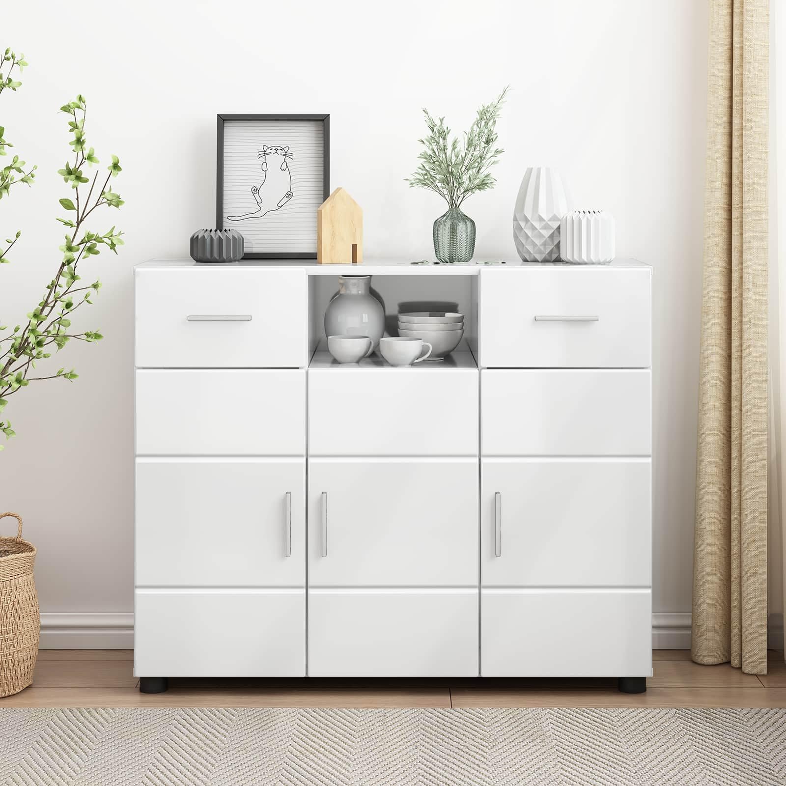 Armadio in legno bianco lucido, con 3 ante, 2 cassetti e 3 ripiani, moderno spazio per soggiorno e ufficio, facile da pulire e durevole, versatile