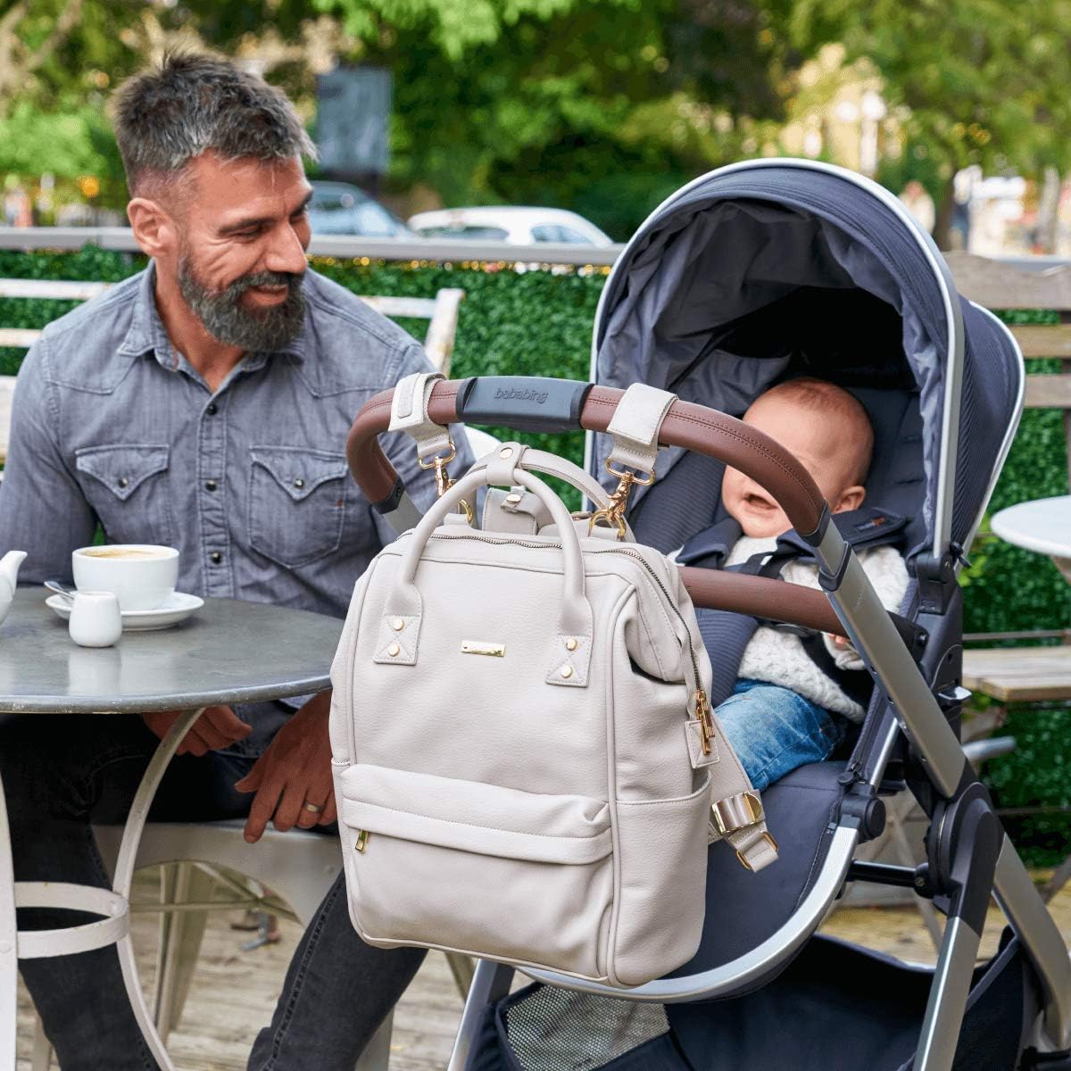 baba bing | Mani Large Baby Changing Bag with Adjustable Shoulder Straps | Multifunction Vegan Leather Baby Backpack with Detachable Changing Mat | Blush Grey
