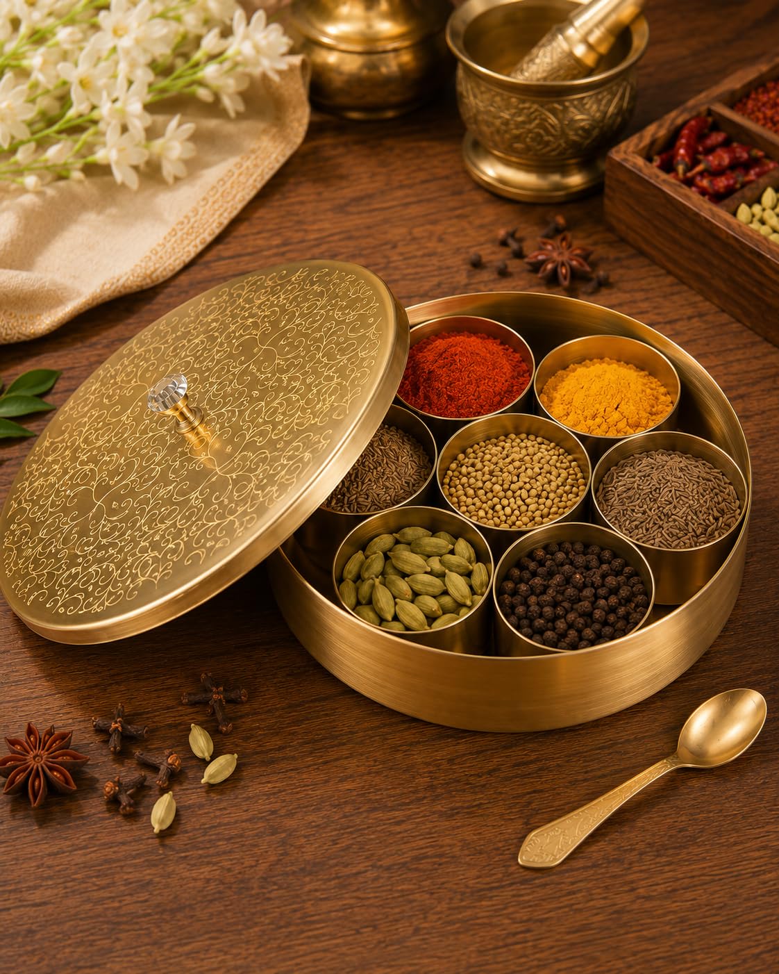 Handcrafted Pure Brass Masala Box with 7 Detachable Containers & Spoon | Traditional Indian Spice Organizer for Kitchen Storage | 7 Inch Round Masala Dabba (Golden Finish) weight Approx 700 grams-image-31
