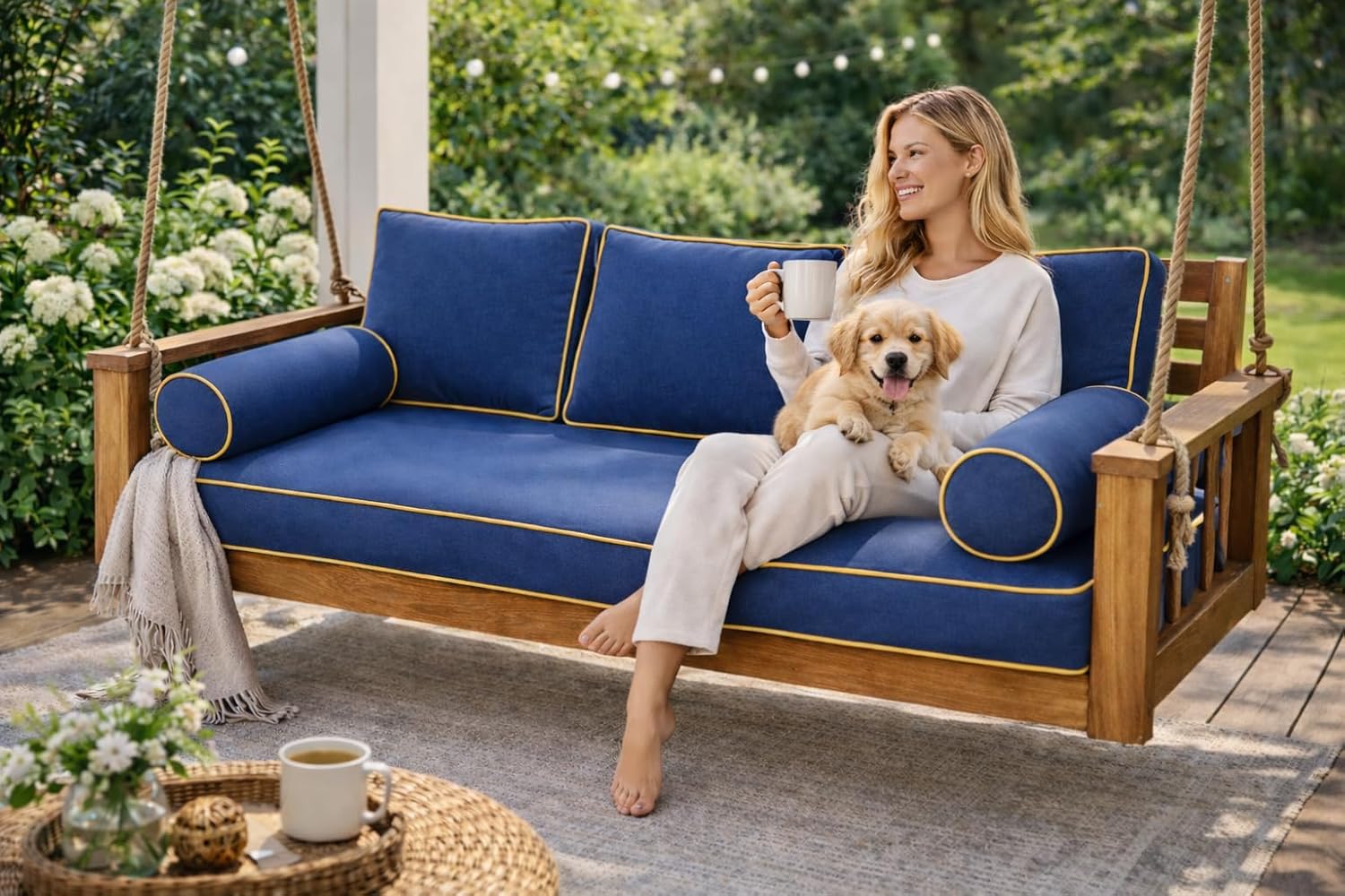 Outdoor Twin Daybed Cushion Set, 7-Piece Patio Swing Bed Mattress with Bolster & Back Pillows, Soft Comfortable Fade-Resistant Cushions with Non-Slip Backing, 75" x 39" x 6" Dark Blue