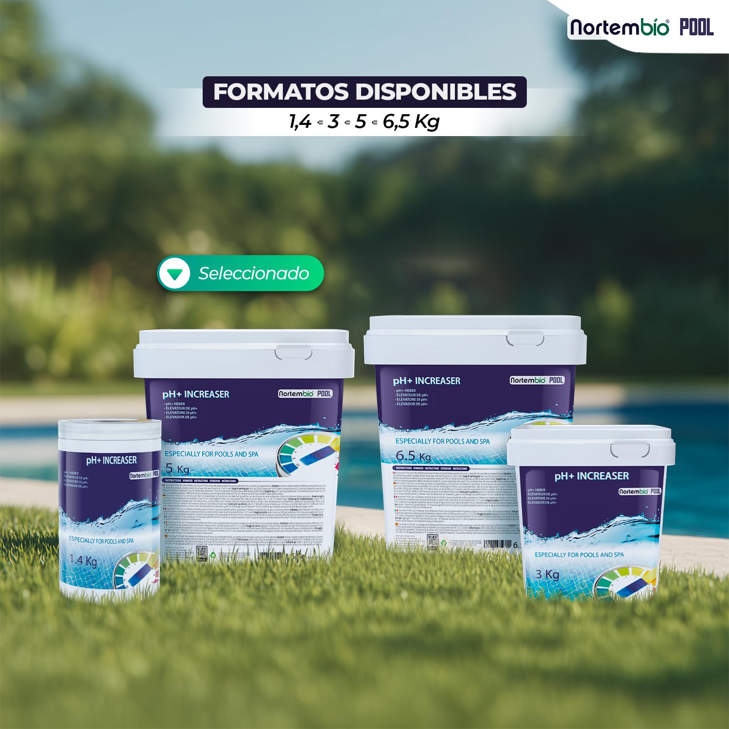 Nortembio Elevador de pH+ para Piscina y SPA 5 kg Incrementador de pH Acción Rápida Regulador pH Agua Piscinas Incluye eBook Usos y Consejos