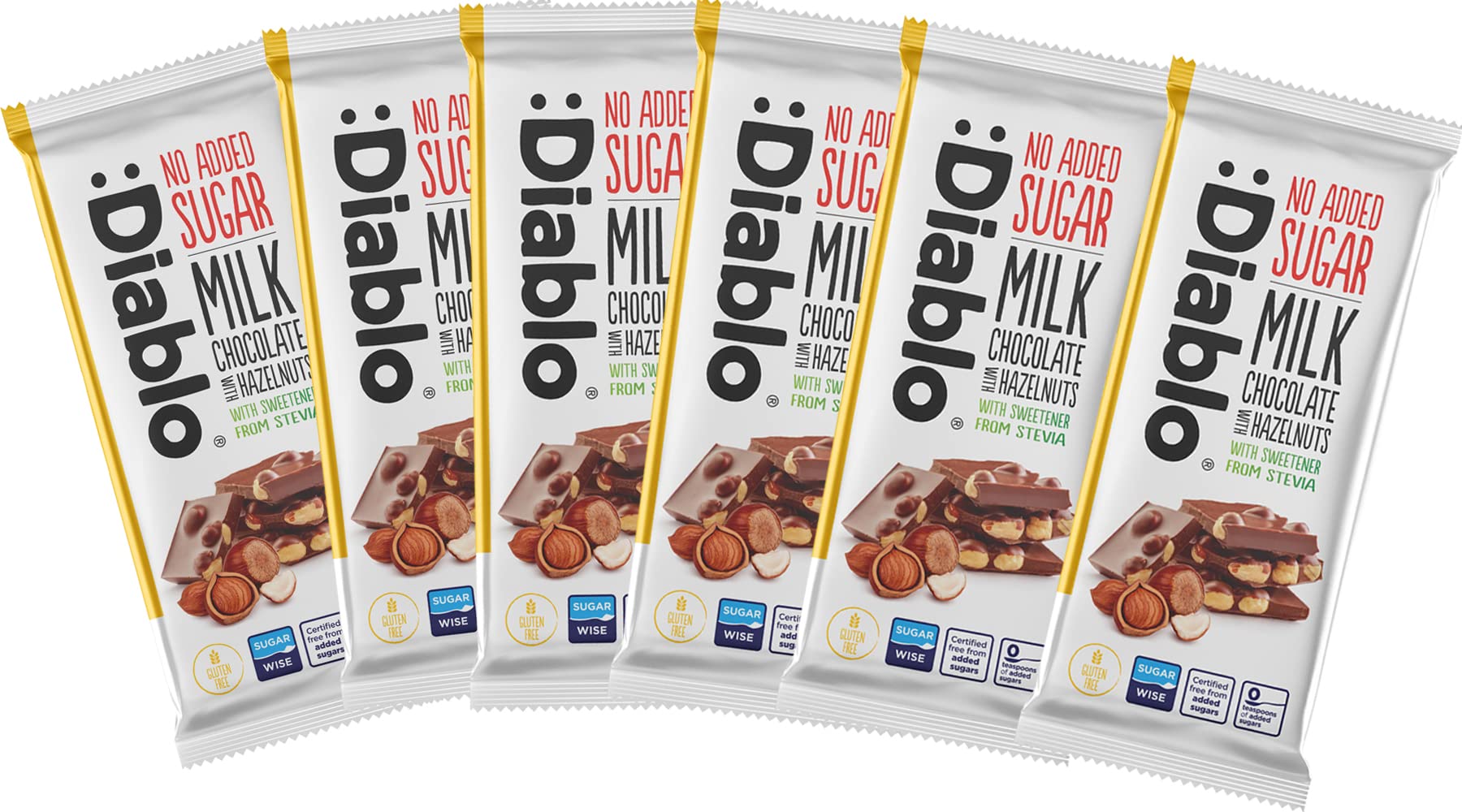Diablo Milk Chocolate with Hazelnuts | Sweetened with Stevia | No Added Sugar | Gluten Free | Chocolate Hamper Available - Perfect for Gifting | 75g (Pack of 6)