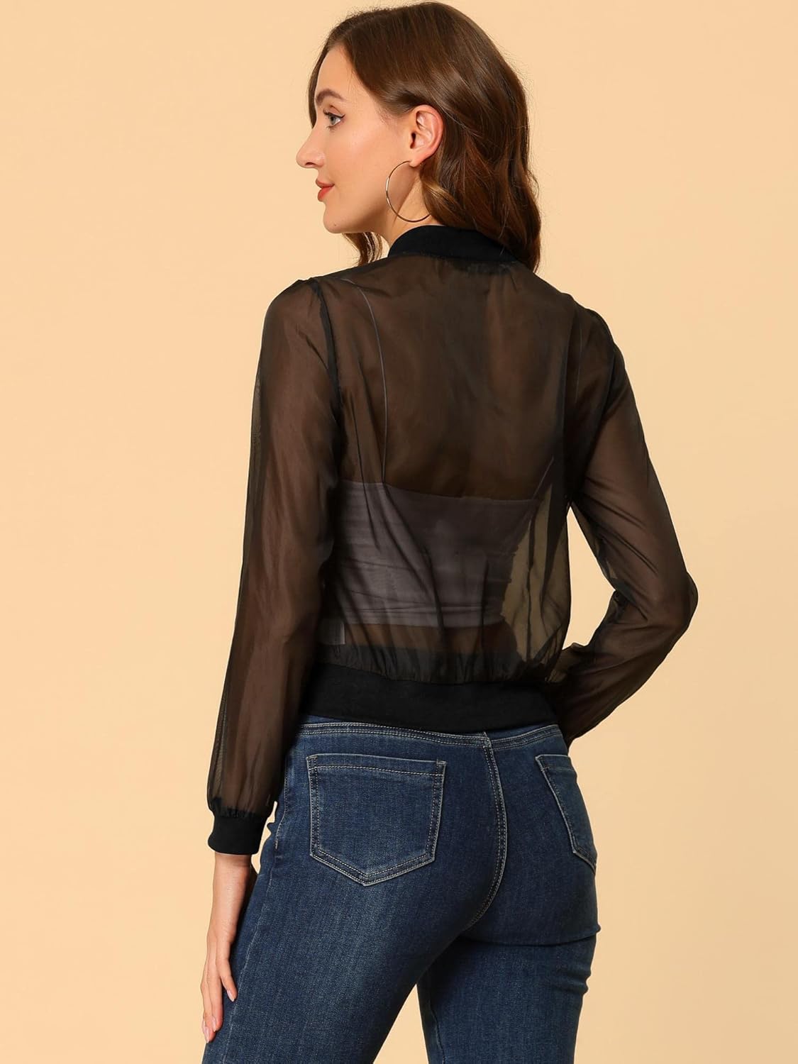 Allegra K Mesh Sheer Jacket for Women's See Through Long Sleeve Zip Up Bomber Jacket - Image 5