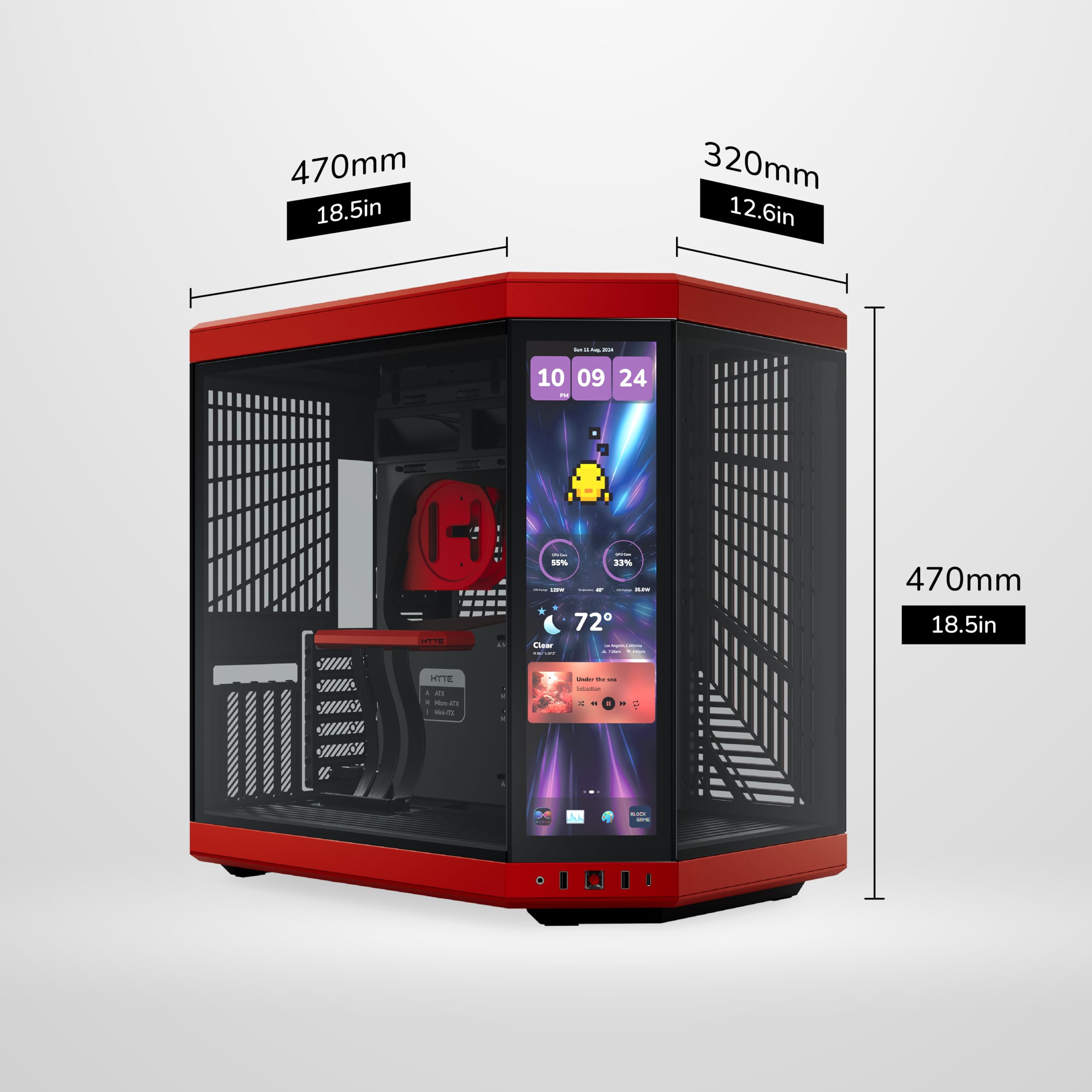 Hyte Y70 Touch Infinite Dual Chamber ATX Mid Tower Modernes ästhetisches Gehäuse mit integriertem 2,5K LCD-Touchscreen - Black Cherry