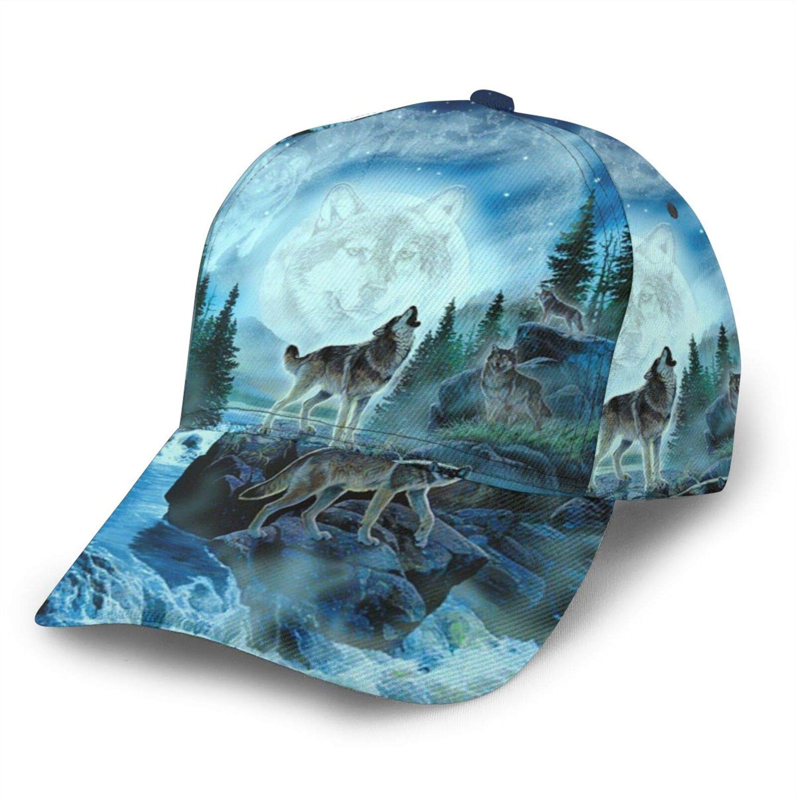 Loujin Unisex #15 Baseball Cap Wolf Howling Night Moon River 3D Fashion Snapback Outdoor Trucker Hat Black