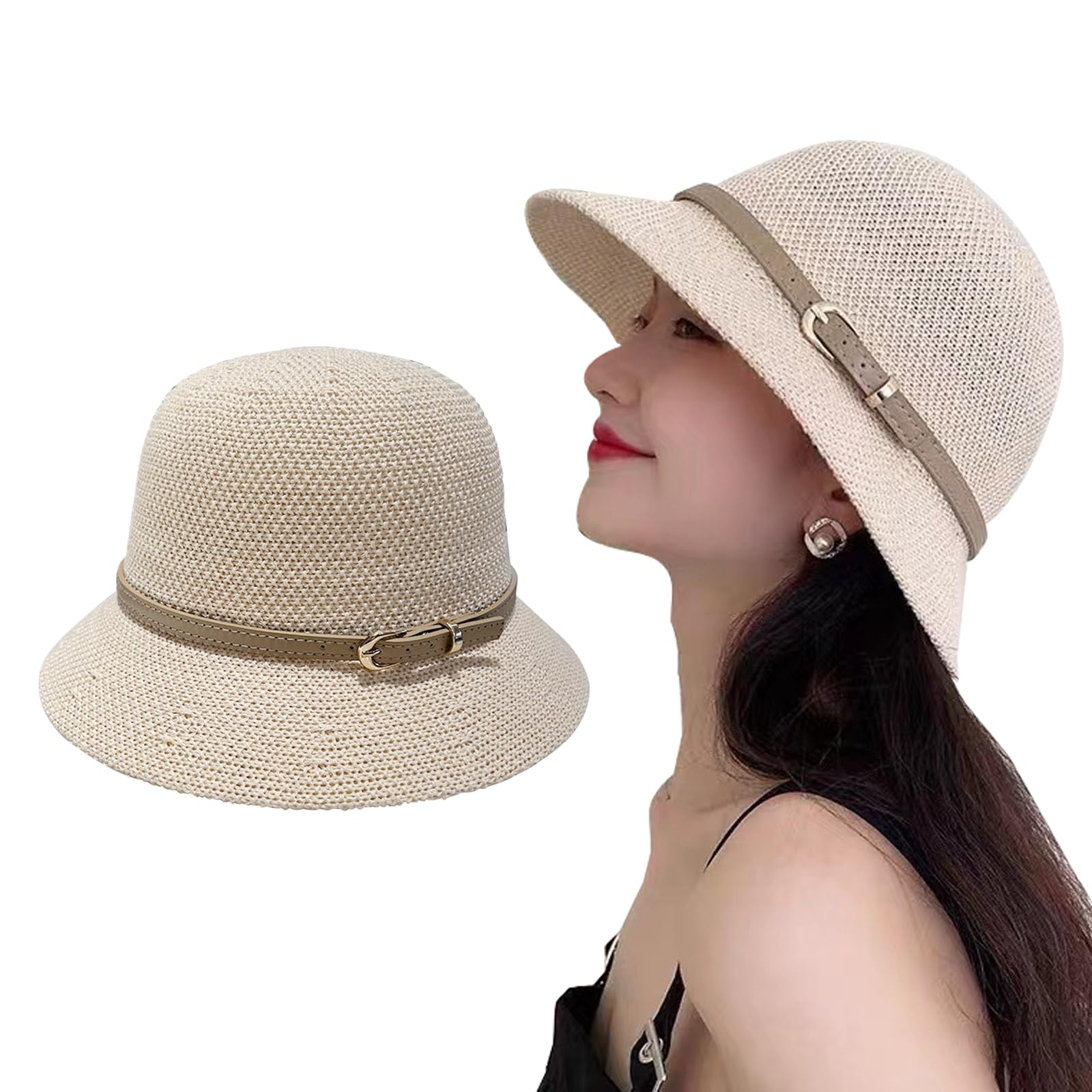 Binjor Sombrero De Paja para Mujer Plegable Bohemia Veranogorra De Sol Resistente a Los Rayos Ultravioleta para La Playa Selva Sombrero Pescadorde Sol Elegante y Hermoso Beige