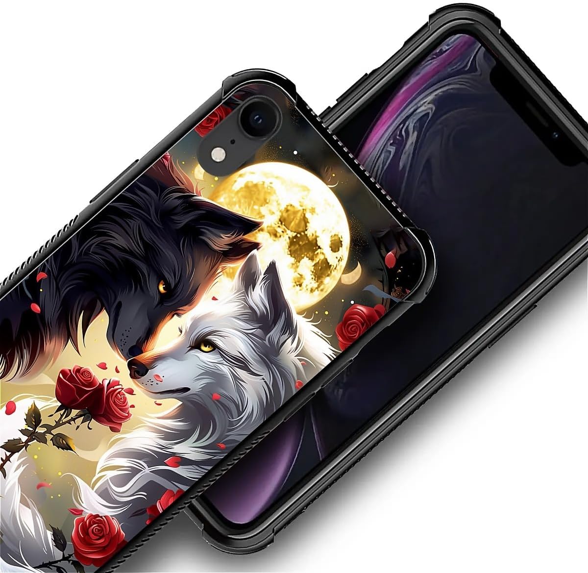for iPhone XR Case, Black White Wolf Moon Flower Rose Pattern Graphic Design Girl Boy Soft Silicone Hard Acrylic Shock Protection for iPhone XR image 4