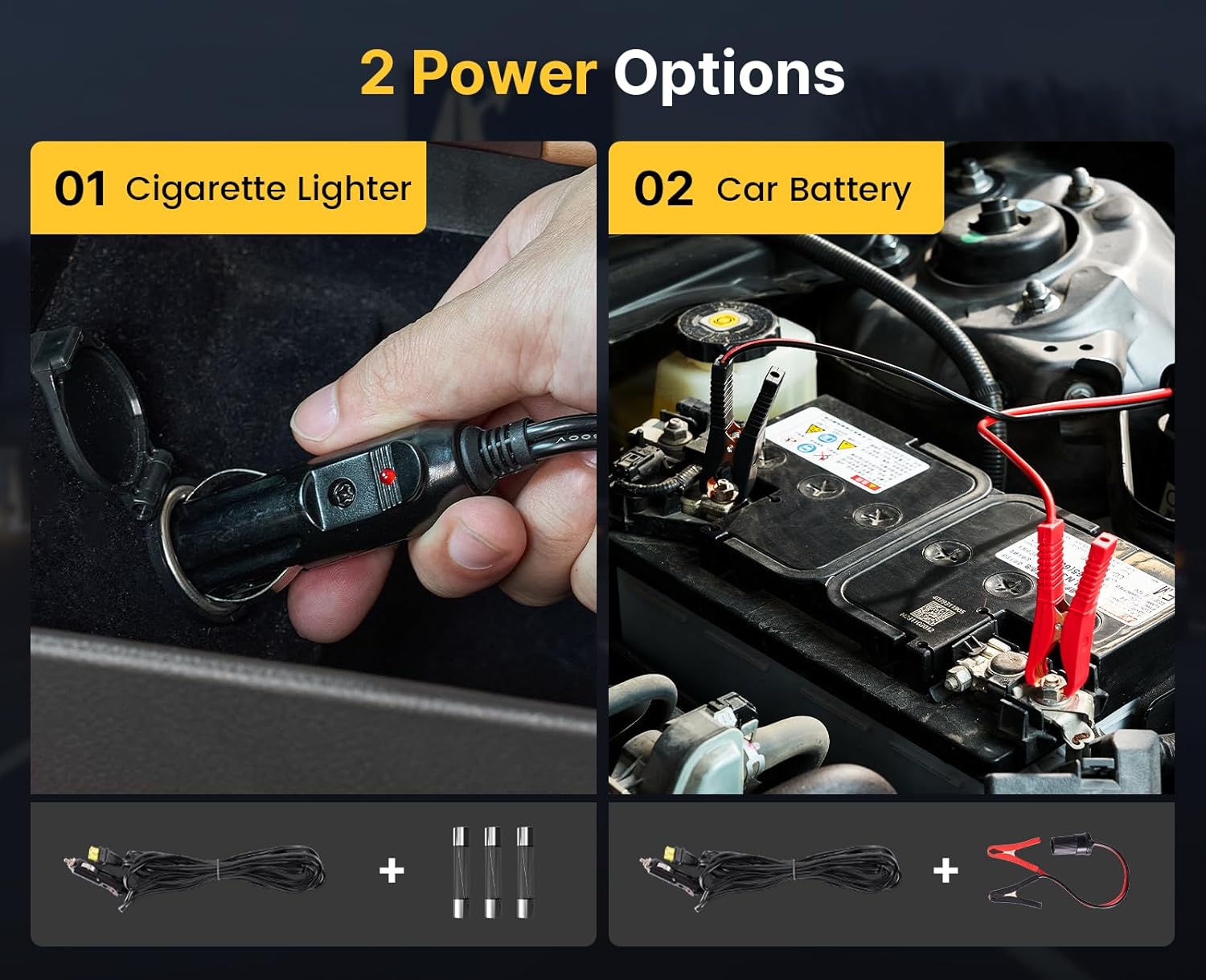 Connecting the power cable to the jack and car's cigarette lighter