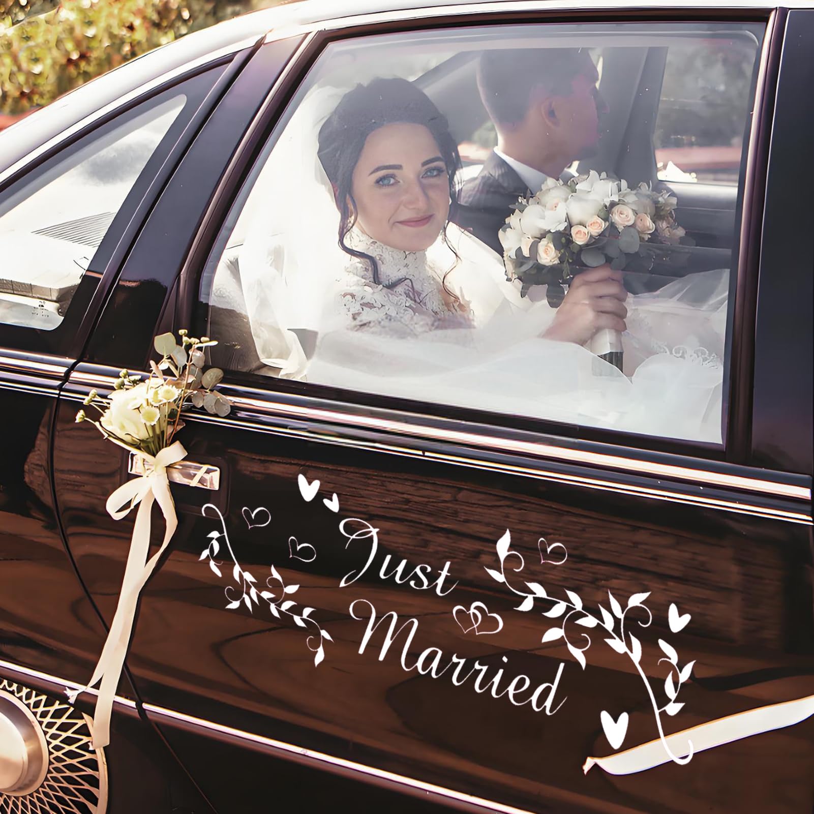 50x 36cm) decalcomania auto in vinile personalizzata Design/JUST MARRIED con nomi e lattine Sticker/Adesivi Finestra posteriore Specchio + senza casuale decalcomania regalo
