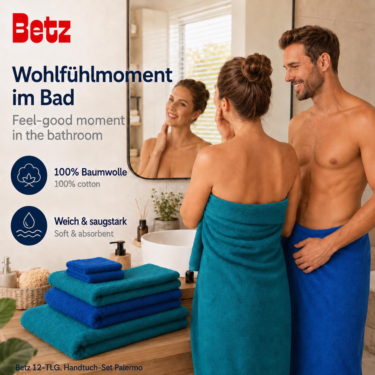 Betz Lot de 12 pièces 100% Coton Palermo 2 draps de Bain 4 Serviettes de Toilette 2 d'invités 2 lavettes 2 Gants de Toilette Couleur Bleu et pétrole