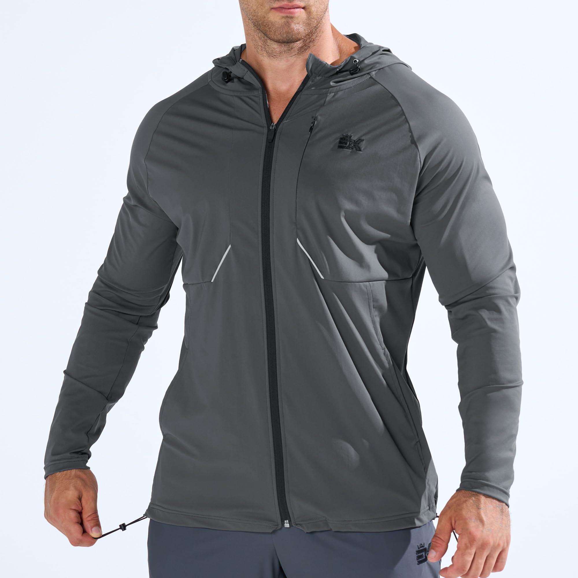 BROKIG Leichte Laufjacke Herren, Schnelltrocknende Trainingsjacke Atmungsaktives Hoodie Brusttasche mit Reißverschluss