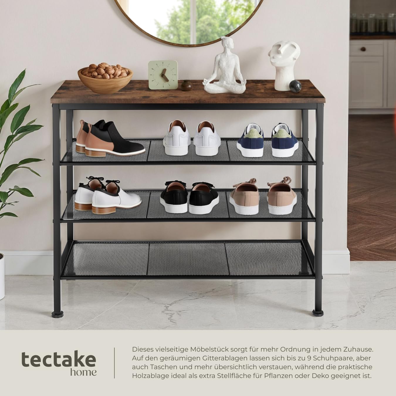 tectake 800955 Schuhregal schmal mit Ablagefläche, Schuhablage aus Holz Metall, Industrie-Design, 4 Ebenen mit 3 Gitterablagen, 80,5 x 30,5 x 72,5cm, schwarzes Metallgestell (Dunkelbraun | Nr. 404293)