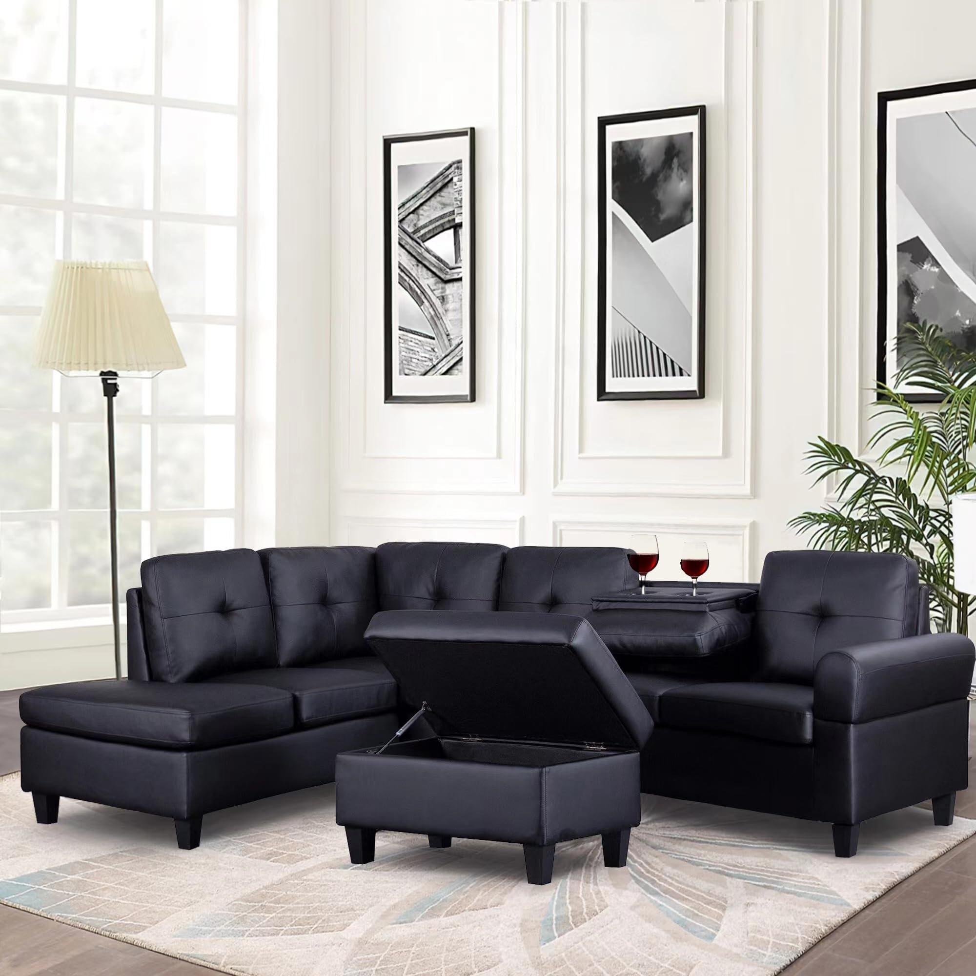 EMKK 105" L-Shape Sofa Couch with Chaise Lounge,Modern Linen Fabric Upholstery Sectional Sofá with Storage Ottoman 2 Pillows for Living Room Furniture Set, Apartment and Large Space