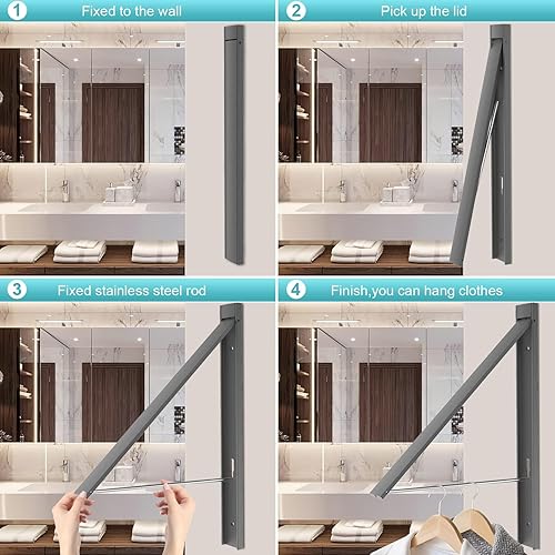 Miniatura 9 de Tendedero de pared plegable que ahorra espacio, aleación de aluminio resistente, instalación sin taladros para lavandería, armario, balcón,