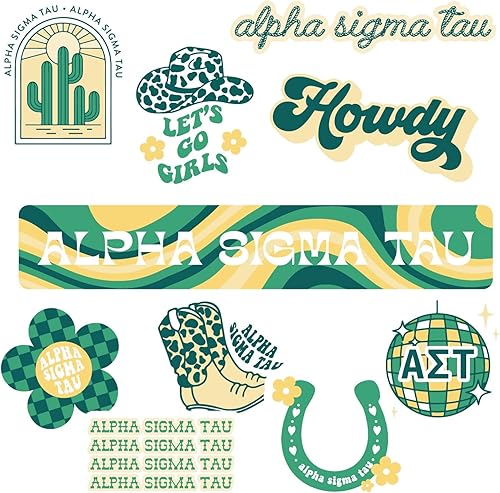 Alpha Sigma Tau - Hoja de calcomanías de vinilo de diseño occidental con diseños con licencia oficial, adhesivo extraíble, 10 calcomanías por hoja,