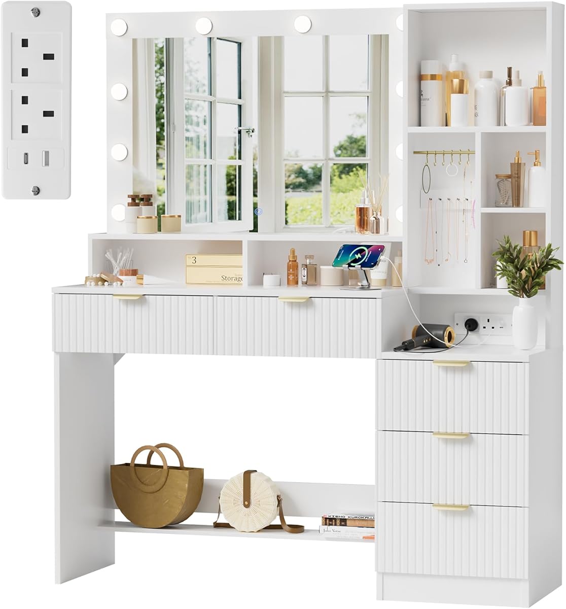 Dressing Table with Mirror and Lights,Vanity Desk with Drawers,Makeup Vanity with Open Shelves,Jewelry Hooks and Power Outlet for Bedroom,Modern (White)