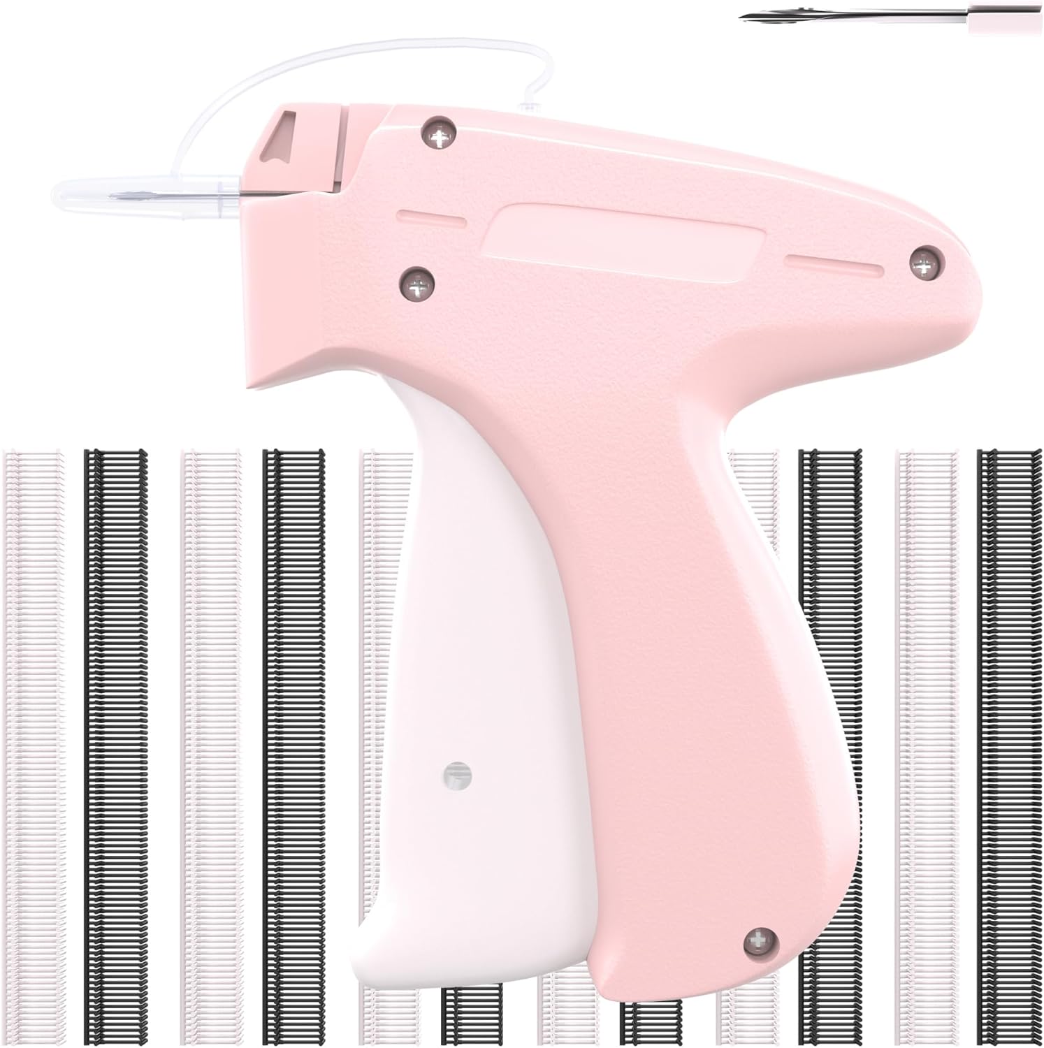 Mini Stitch Gun for Clothes - Pink Tagging Gun with 2 Fine Needles and 3000 Small Fasteners (Black & White) for Quick Sewing, Quilting, and Hemming