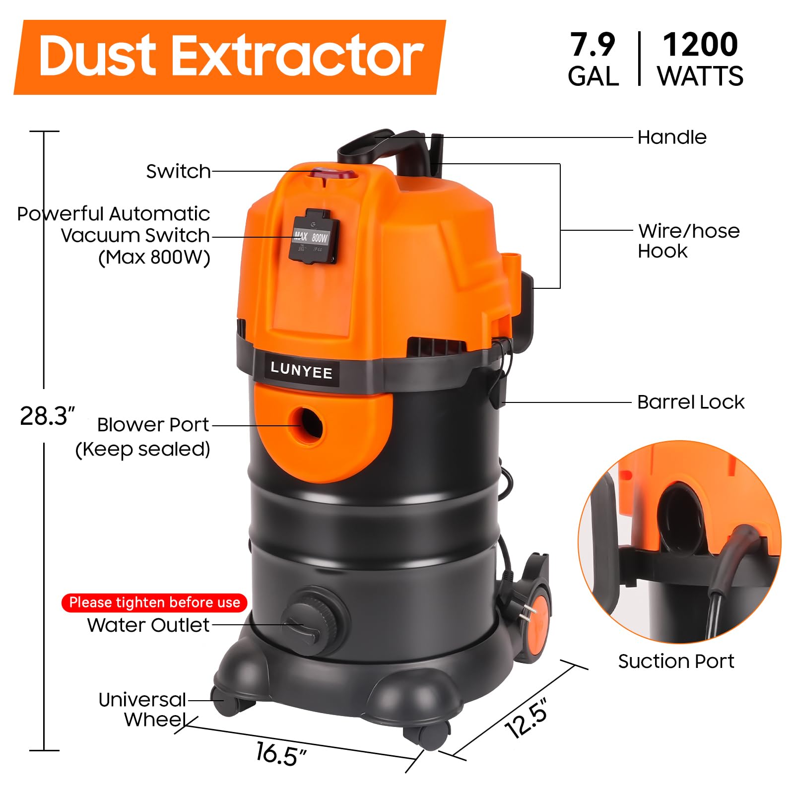 Aspirapolvere Per Lavorazione Legno LUNYEE 1200W Con Separatore Ciclonico, 30L, Filtro HEPA E Presa Sincronizzata