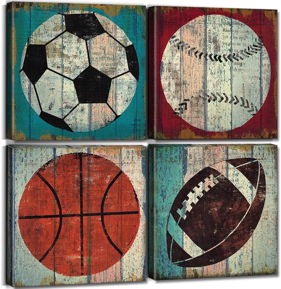 Sports Wall Art Sports Decor for Boys Bedroom Toddler Decorations Rustic Soccer Baseball Basketball Football Pictures Kids Room Decor Vintage Ball Themed Paintings Posters Playroom Artwork 12x12" 4Pcs