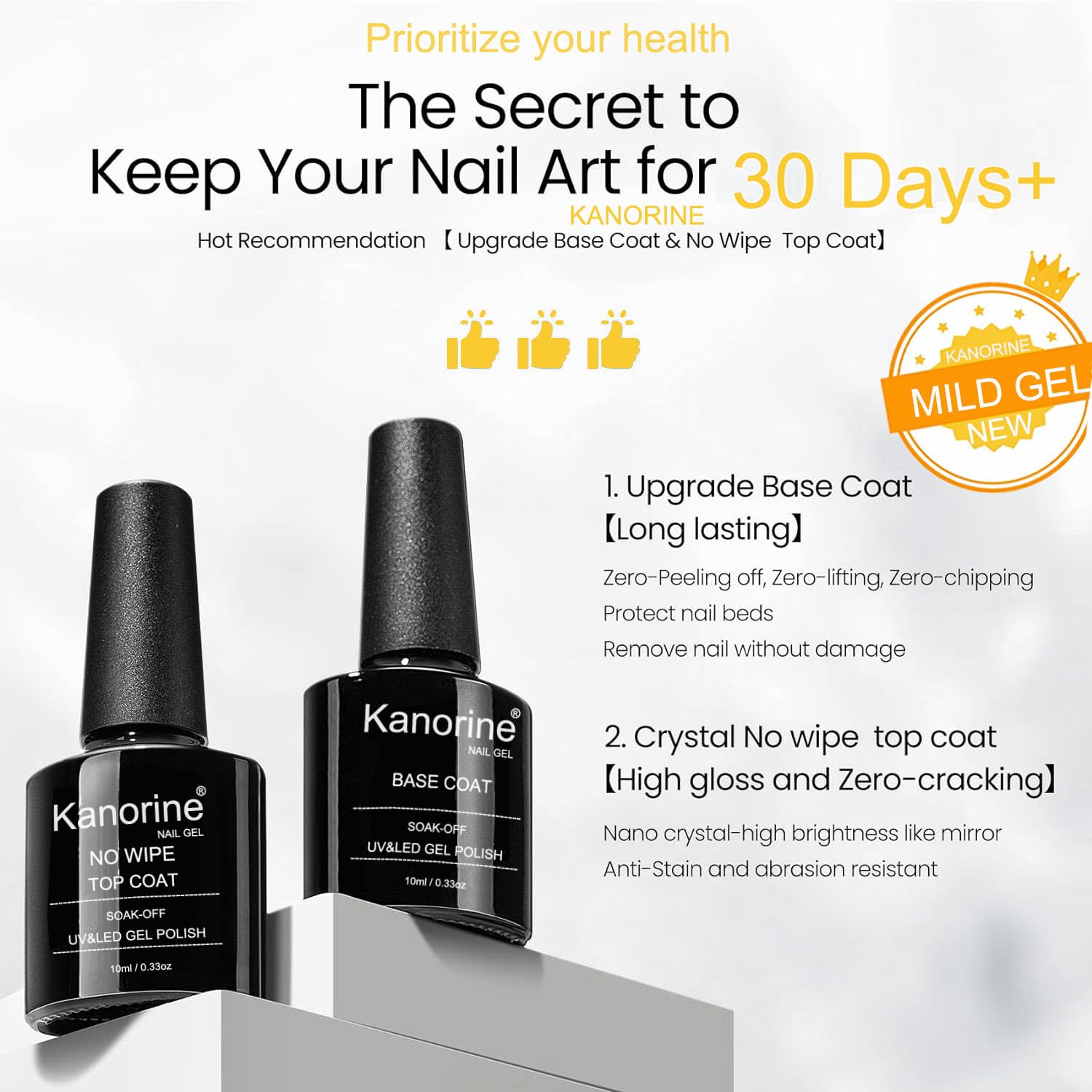 Kanorine Gel Top Coat and Base Coat Set, 2Pcs x10ml Gel Nail Polish No Wipe Top and Base Coat Set - Image 2