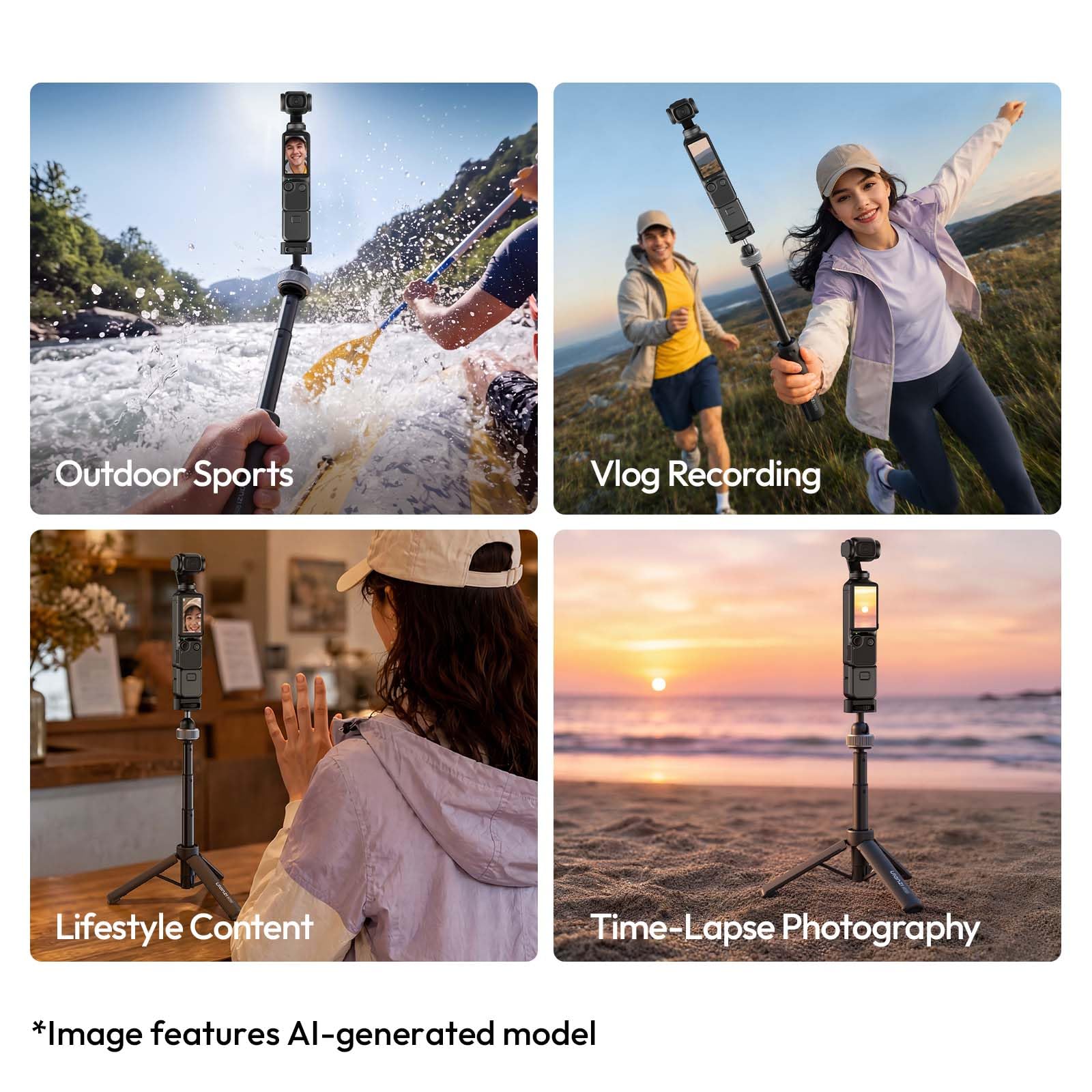 ULANZI MT95 Mini Stativ für DJI Osmo Pocket 3 4 and Other 1/4" Schraube Cameras | 3-in-1 Selfie-Stick, Stativ, ausziehbarer Verlängerungspol, leichtes Taschengrip für Action-Cams