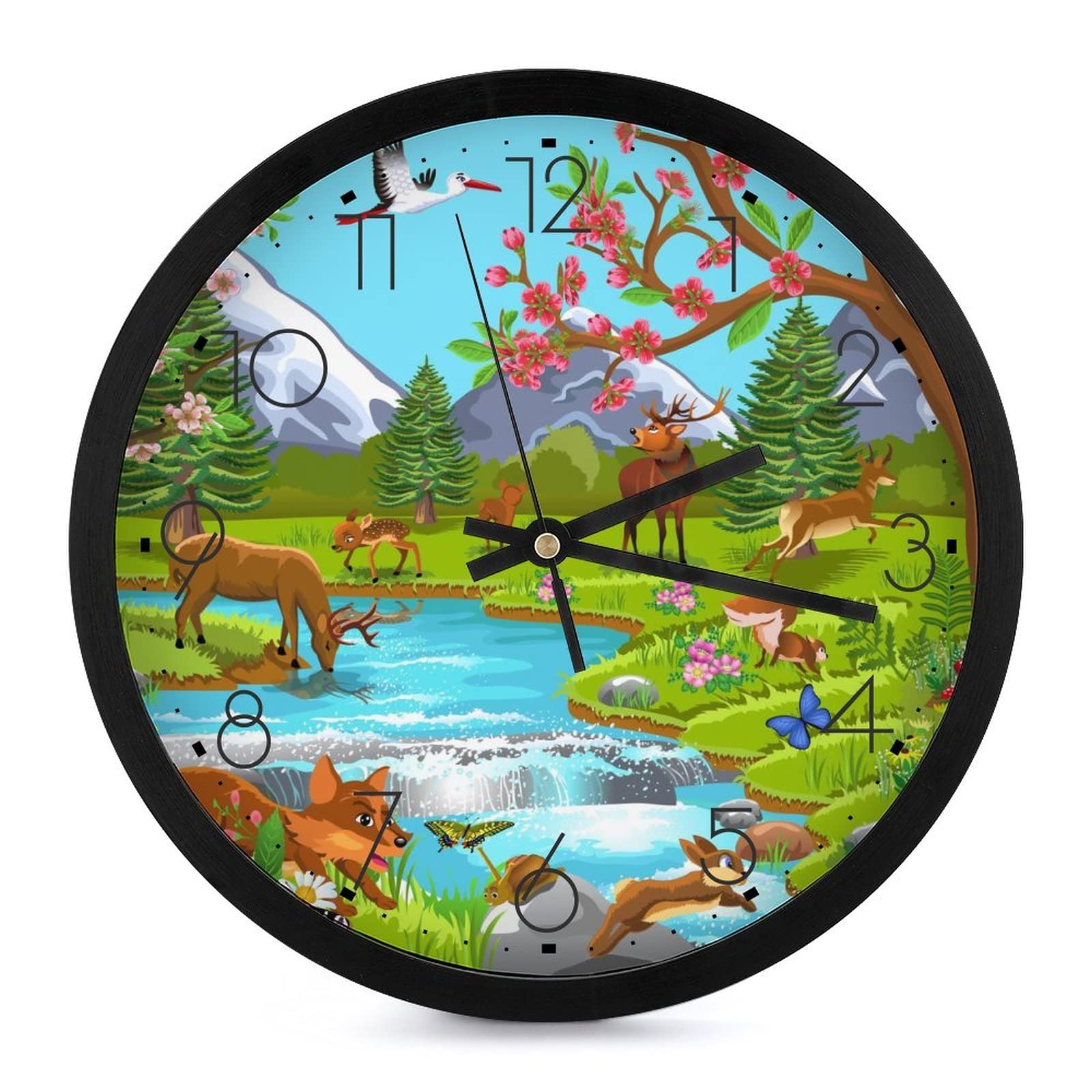 Pendule murale silencieuse moderne 25.4cm animaux de la forêt maison bureau école