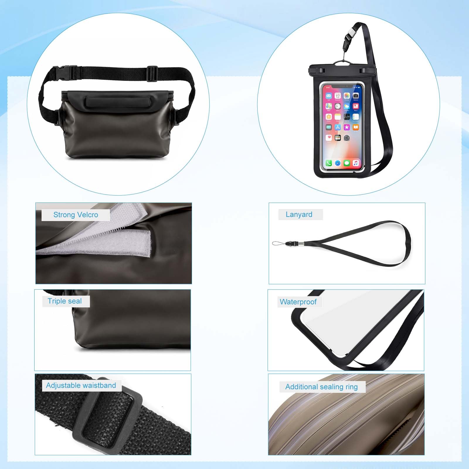 wasserdichte handyhülle & wasserdichte bauchtasche Set - IPX8 handyhülle wasserdicht mit Dreifach-Verschluss, Touchscreen & Face ID, wasserdichte tasche für Strand, Schwimmen, Tauchen, Wassersport