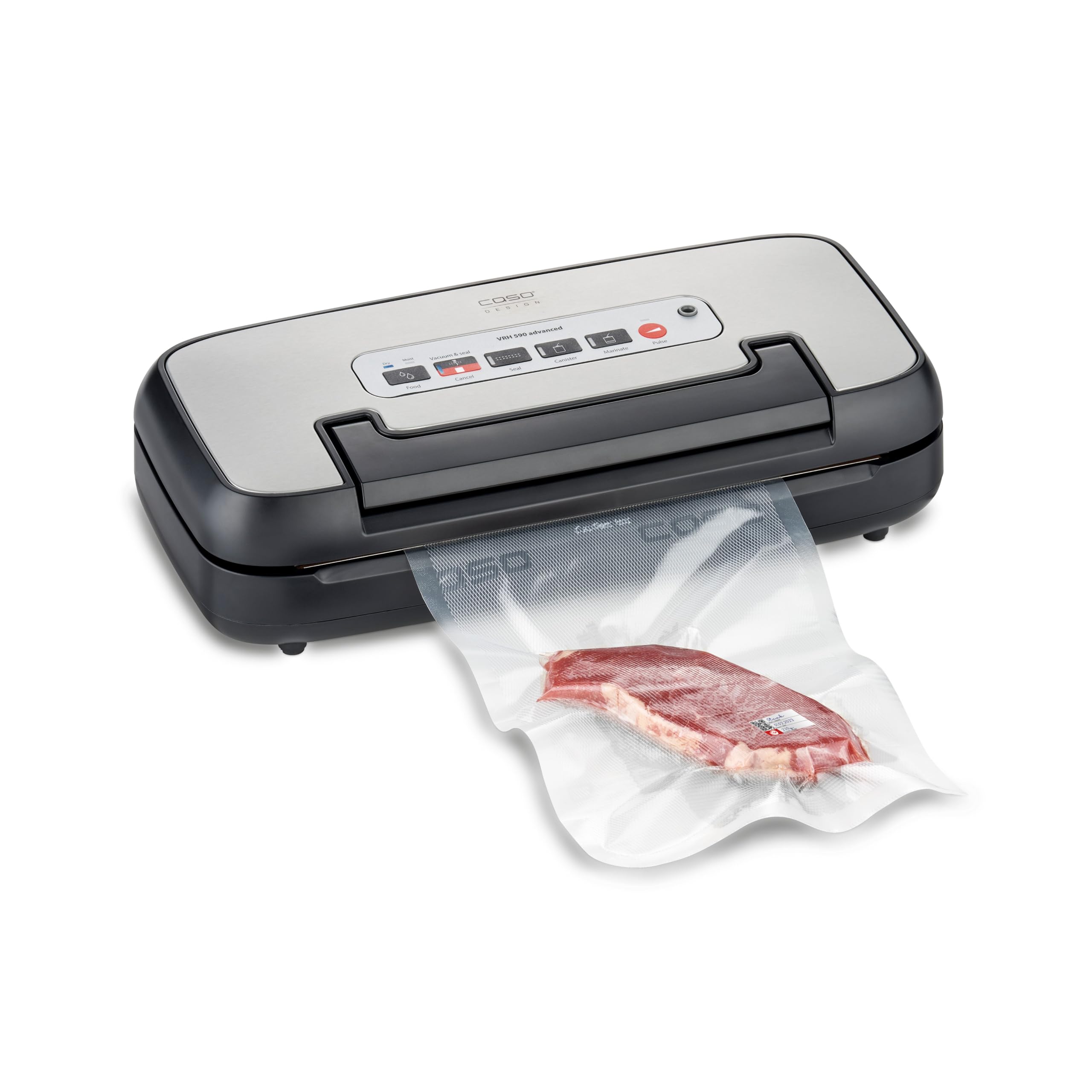 CASO VRH 590 advanced - Macchina sottovuoto per alimenti, fino a 125 cicli di utilizzo consecutivi, con vano portarotolo integrato e taglierina pieghevole – acciaio inox
