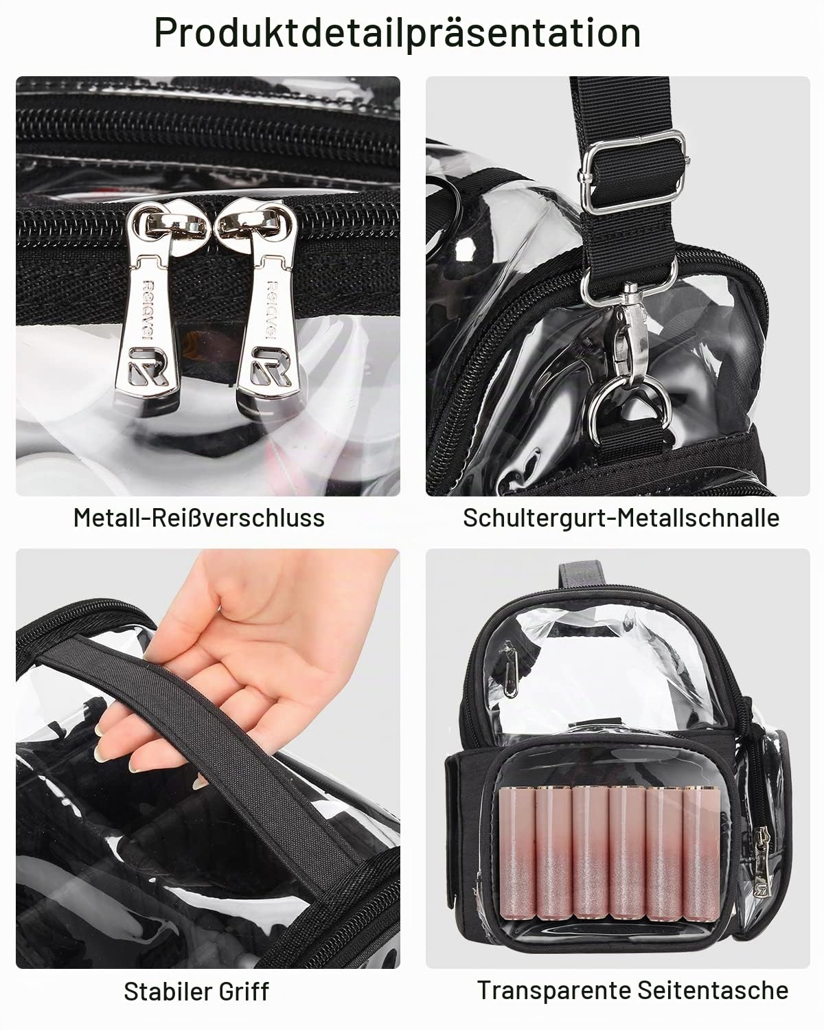 Relavel Make-up Pinsel Tasche, Portable Große Make up Pinselhalter, Professioneller Kosmetiktasche, Transparente wasserdichte Kosmetik Organizer Tasche mit Schultergurt